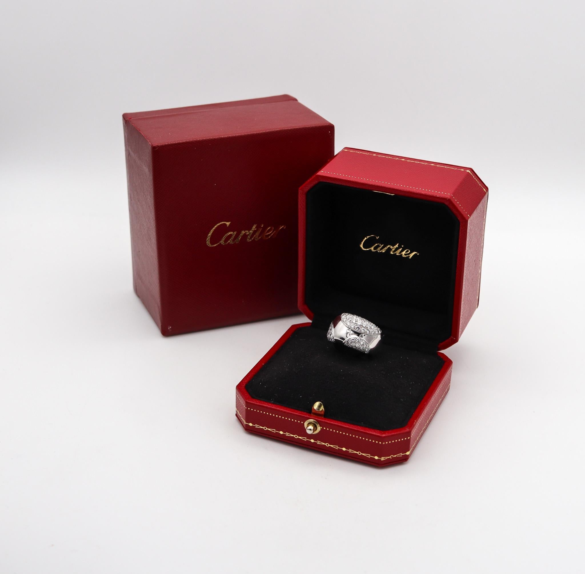 Nouvelle bague ring designed by Cartier.

Beautiful ring, created in Paris France by the jewelry house of Cartier. This rare ring is part of the iconic Nouvelle Bague collection and was crafted in solid white gold of 18 karats with high polished