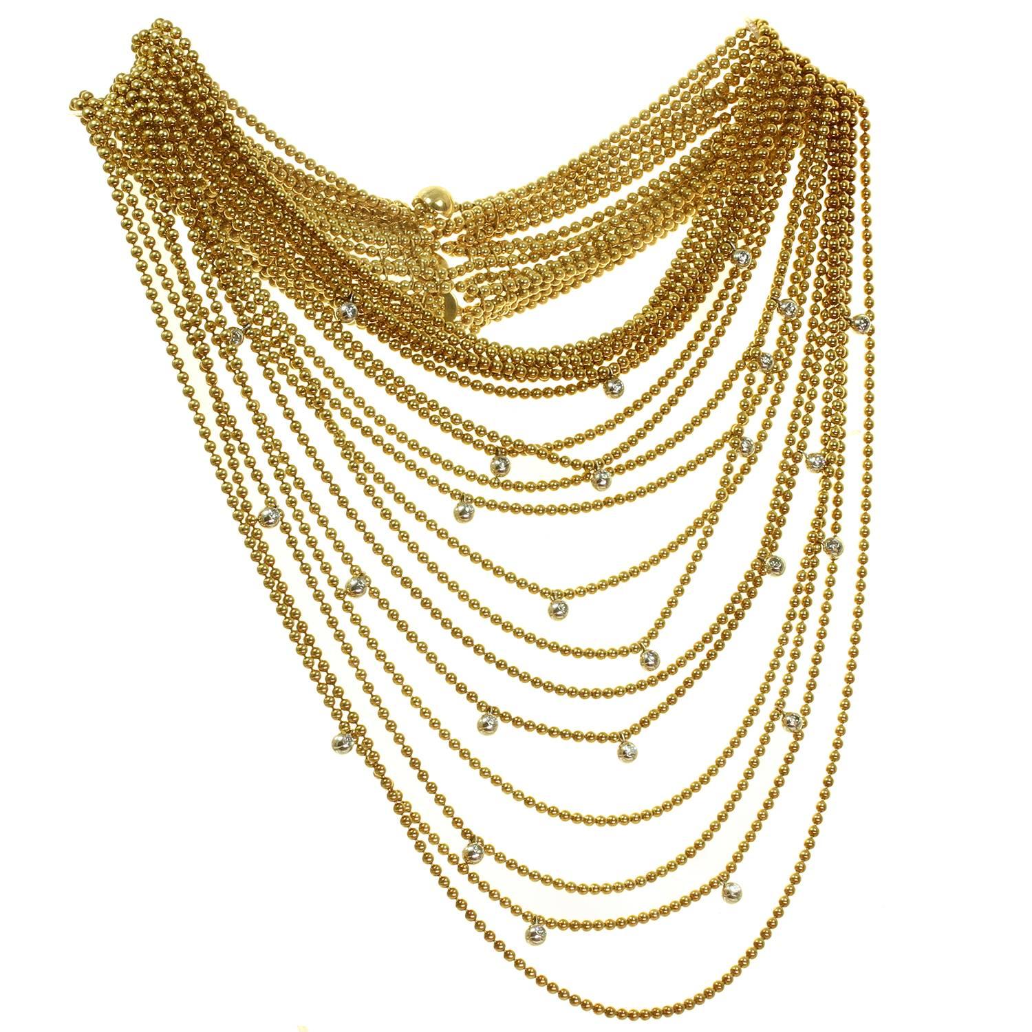 Women's or Men's Cartier Paris Nouvelle Vague Diamond Yellow Gold Eighteen-Row Draperie Necklace