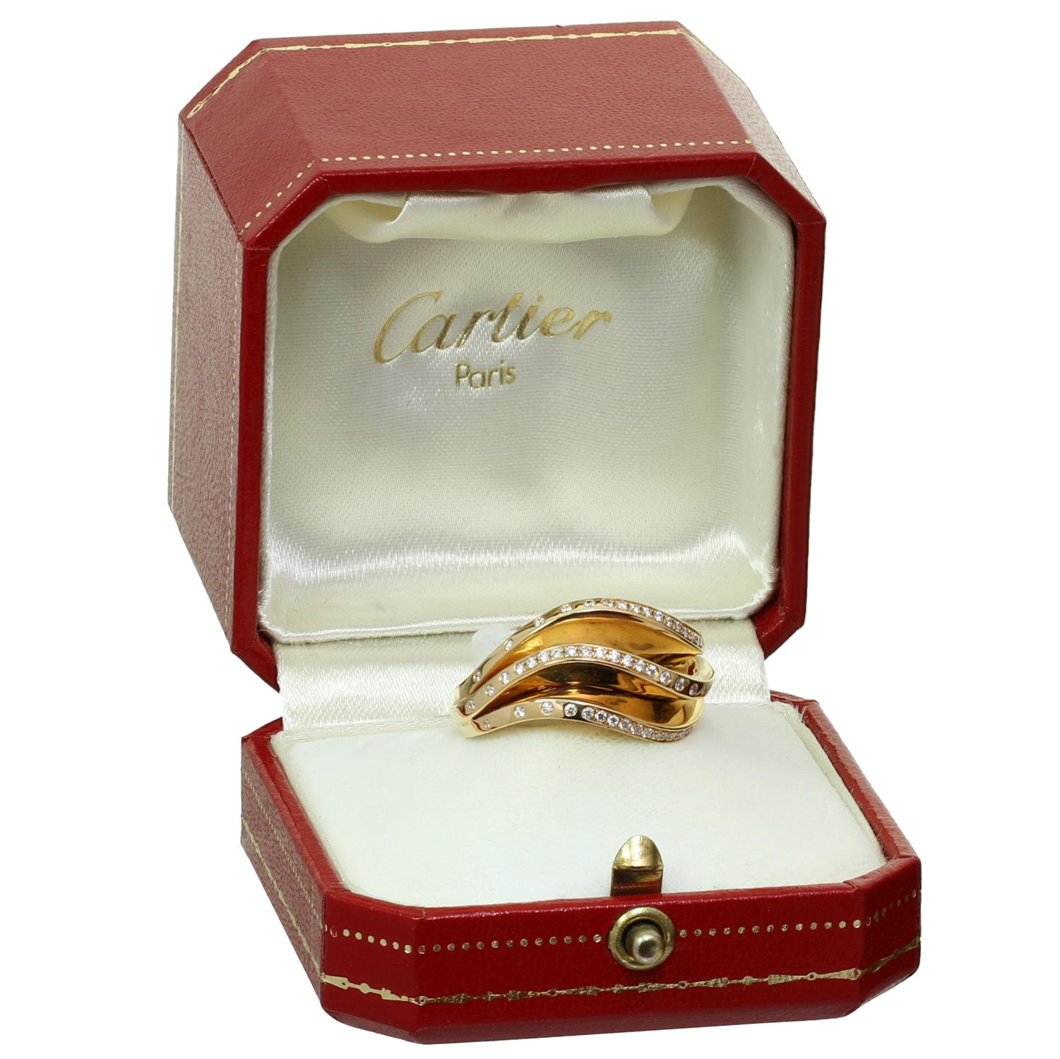 Women's Cartier Paris Nouvelle Vague Diamond Yellow Gold Fan Ring Box Papers For Sale