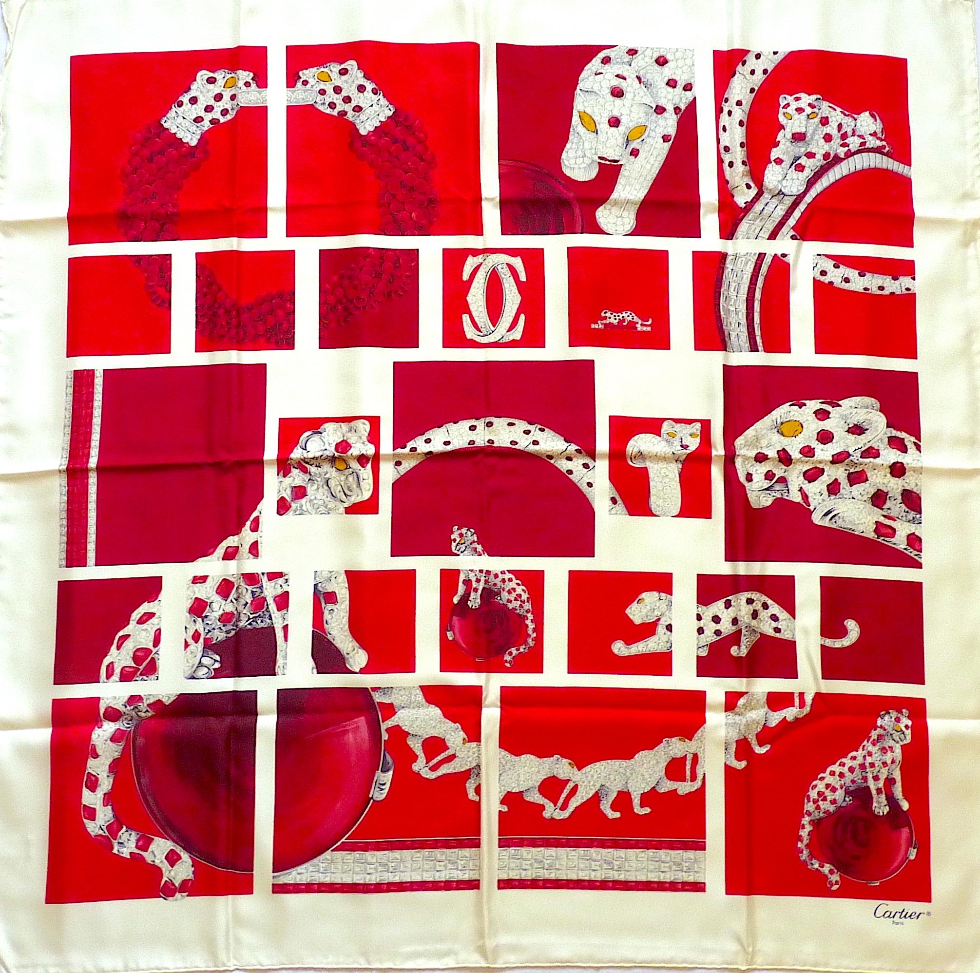 Iconic Cartier Panther Jeweled Silk Scarf, perfect condition with original Cartier Box 

Red and Cream White Pattern

CONDITION : Brand New in Box

Very Hard to find in such a Great Condition ! Perfect for Framing !

Care Tag attached, 100% Silk