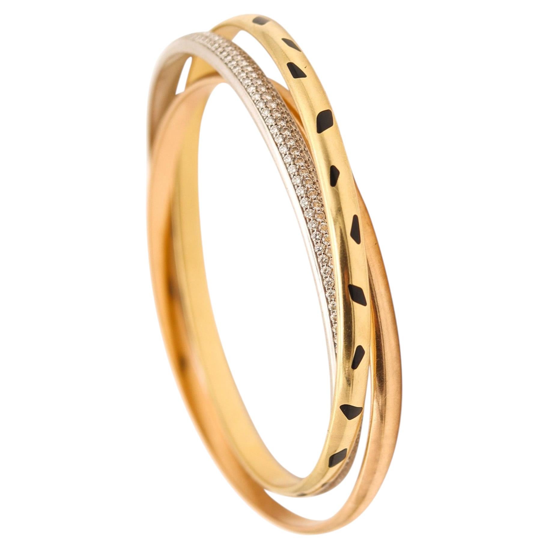 CARTIER Paris Panther Trinity Bangles In 18Kt Gold With Pave Diamonds & Onyxes For Sale
