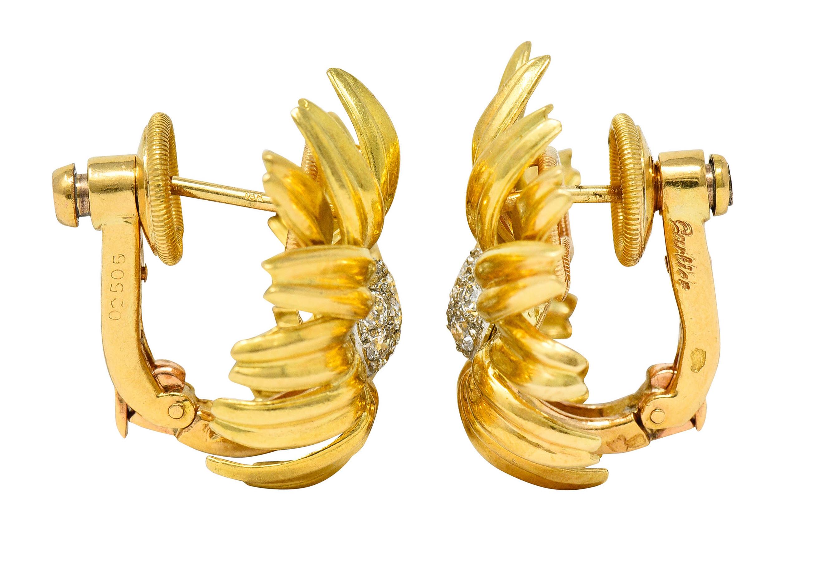 Cartier Paris Pave Diamond 18 Karat Yellow Gold Retro Flower Earrings In Excellent Condition In Philadelphia, PA