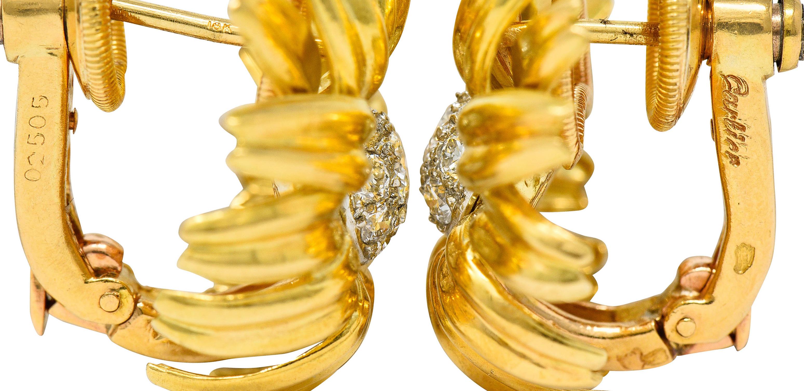 Cartier Paris Pave Diamond 18 Karat Yellow Gold Retro Flower Earrings 1