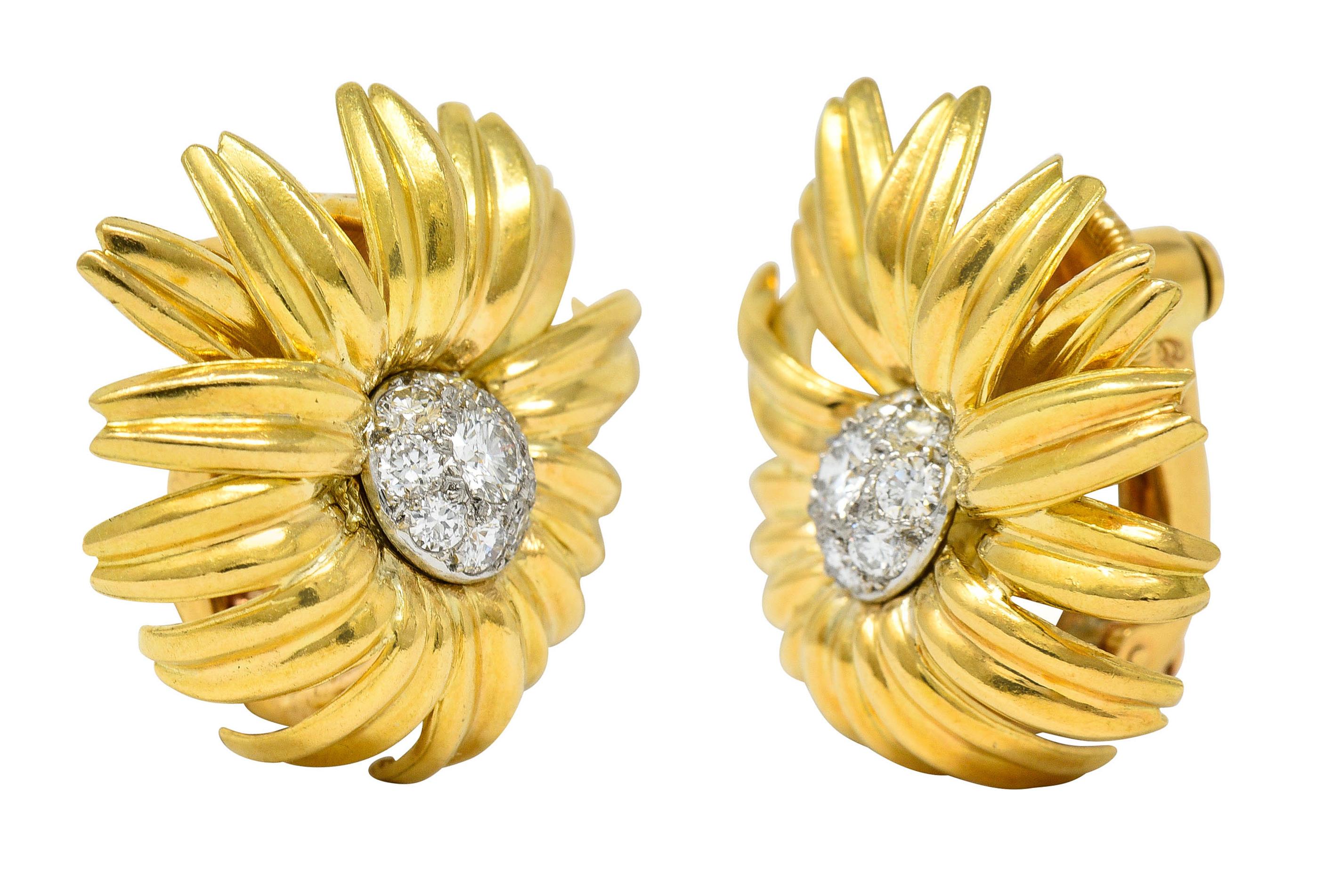 Cartier Paris Pave Diamond 18 Karat Yellow Gold Retro Flower Earrings 3