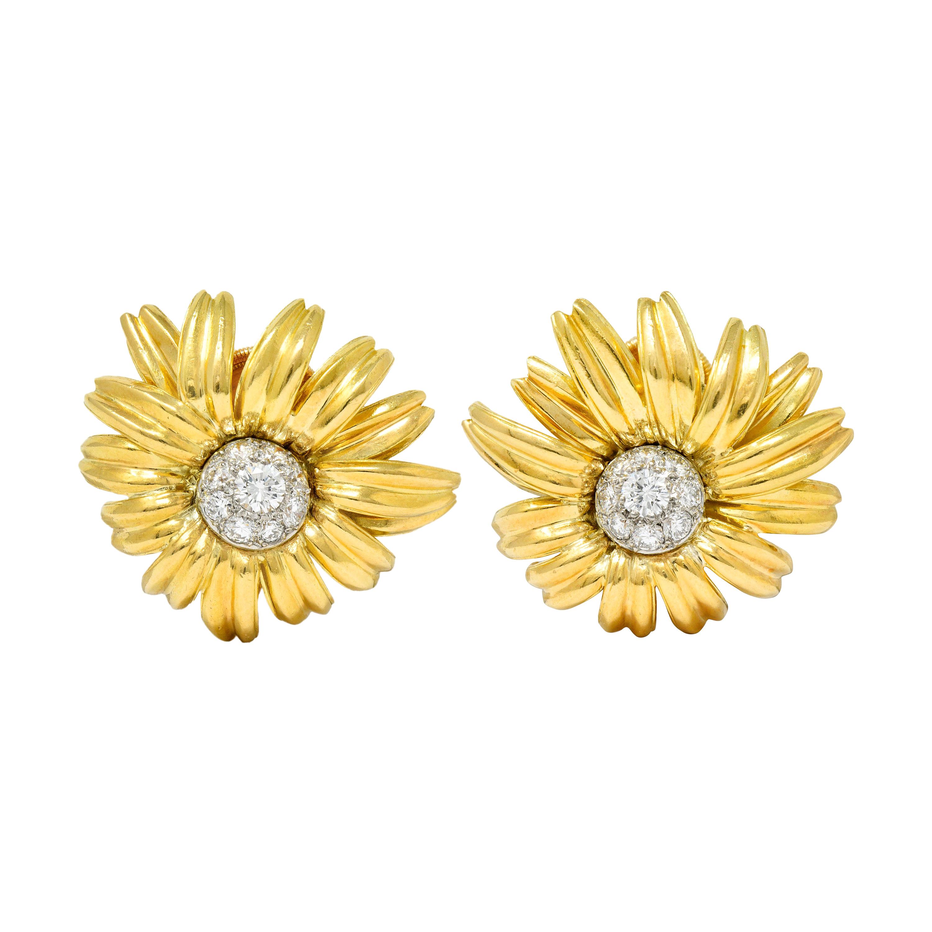 Cartier Paris Pave Diamond 18 Karat Yellow Gold Retro Flower Earrings