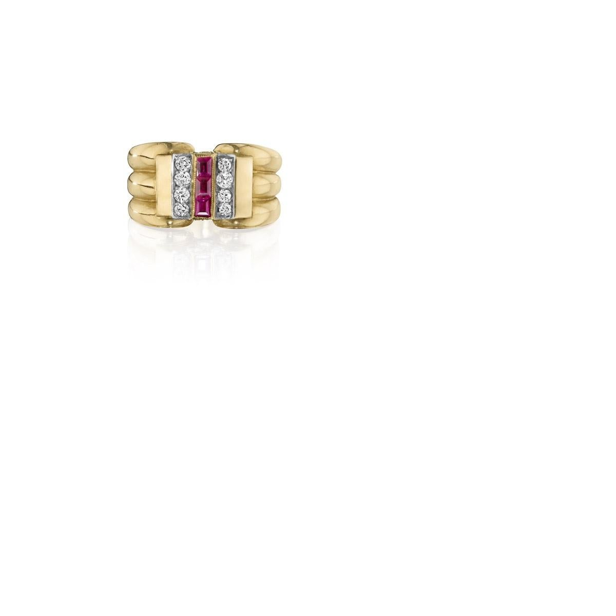 A French Retro 18 karat yellow gold and platinum ring with diamonds and rubies by Cartier. The ring has 14 round-cut diamonds with an approximate total weight of .56 carats, and 3 rectangular-cut rubies with an approximate total weight of .21