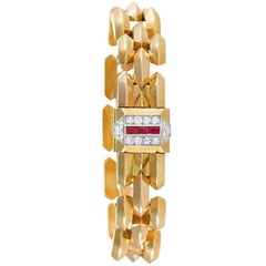 Cartier Paris Retro Diamond Ruby Pink Gold and Platinum Watch