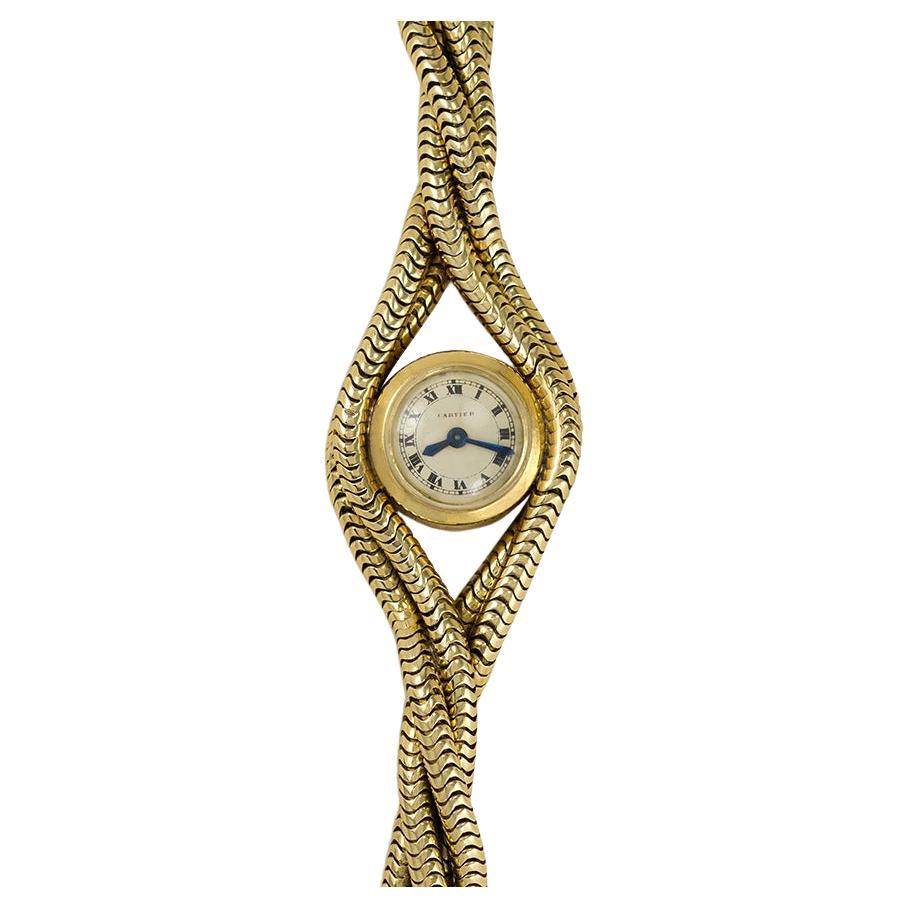 Cartier, Paris Retro Gold Bracelet Watch with Twisted Snake Chain Strap