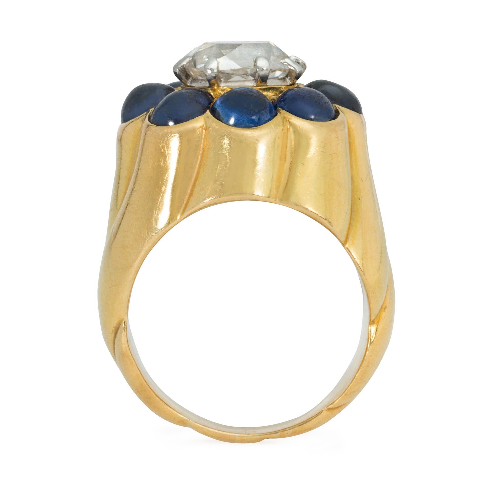 Cartier, Paris Retro Gold, Cabochon Sapphire, and Diamond Cluster Ring In Good Condition For Sale In New York, NY