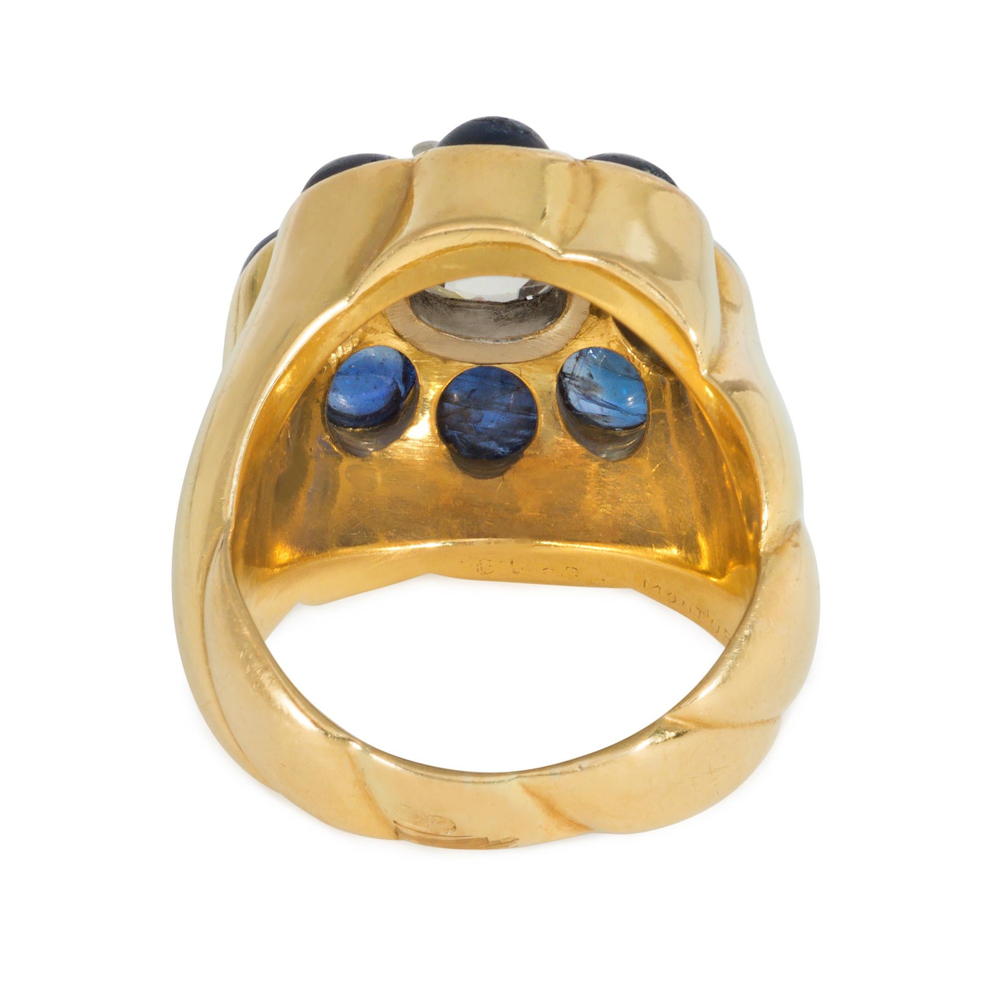 Women's or Men's Cartier, Paris Retro Gold, Cabochon Sapphire, and Diamond Cluster Ring For Sale