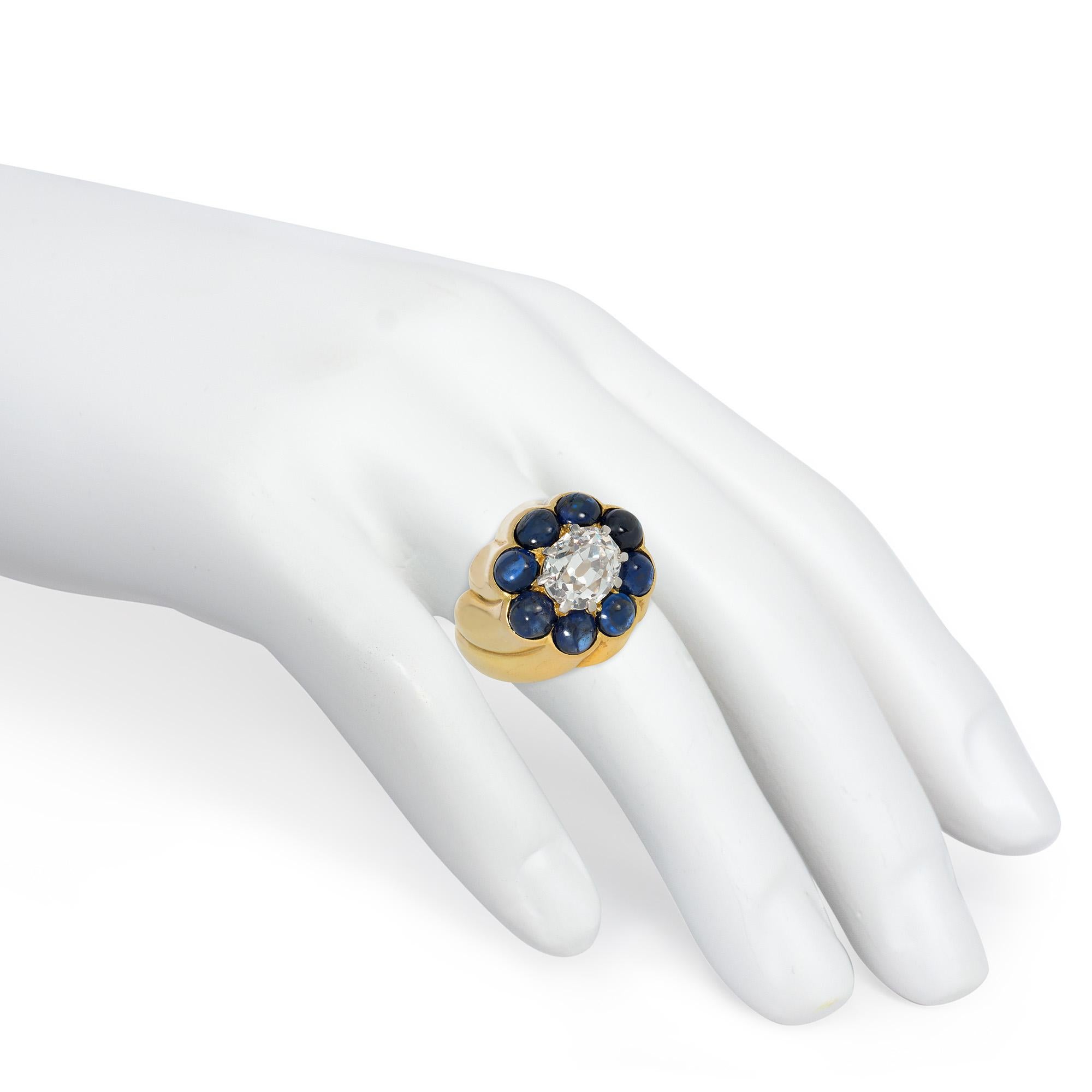 Cartier, Paris Retro Gold, Cabochon Sapphire, and Diamond Cluster Ring For Sale 2