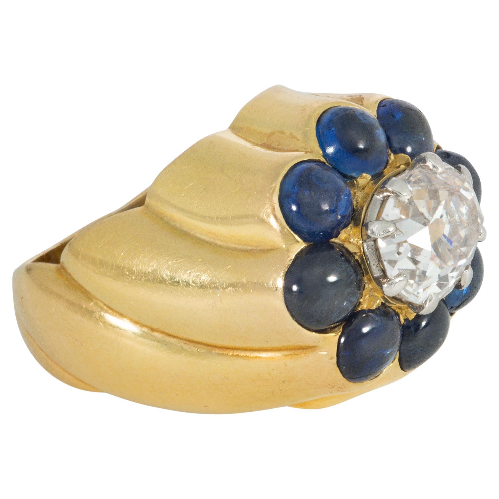 Cartier, Paris Retro Gold, Cabochon Sapphire, and Diamond Cluster Ring For Sale