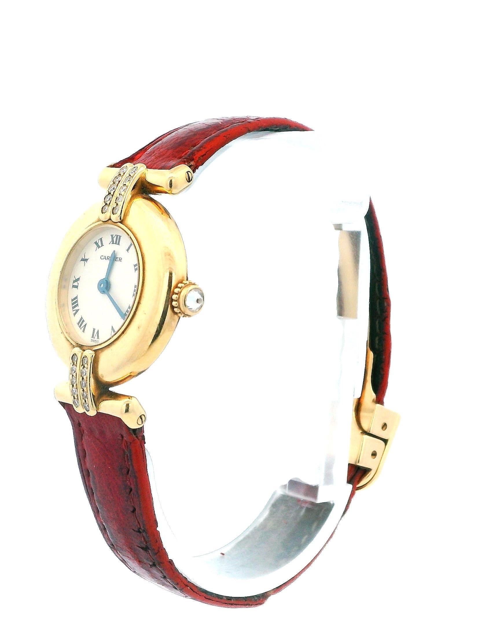 Cartier Paris Rivoli 18k Yellow Gold Diamond Lugs & Deployment Buckle Watch In Excellent Condition For Sale In Great Neck Plaza, NY