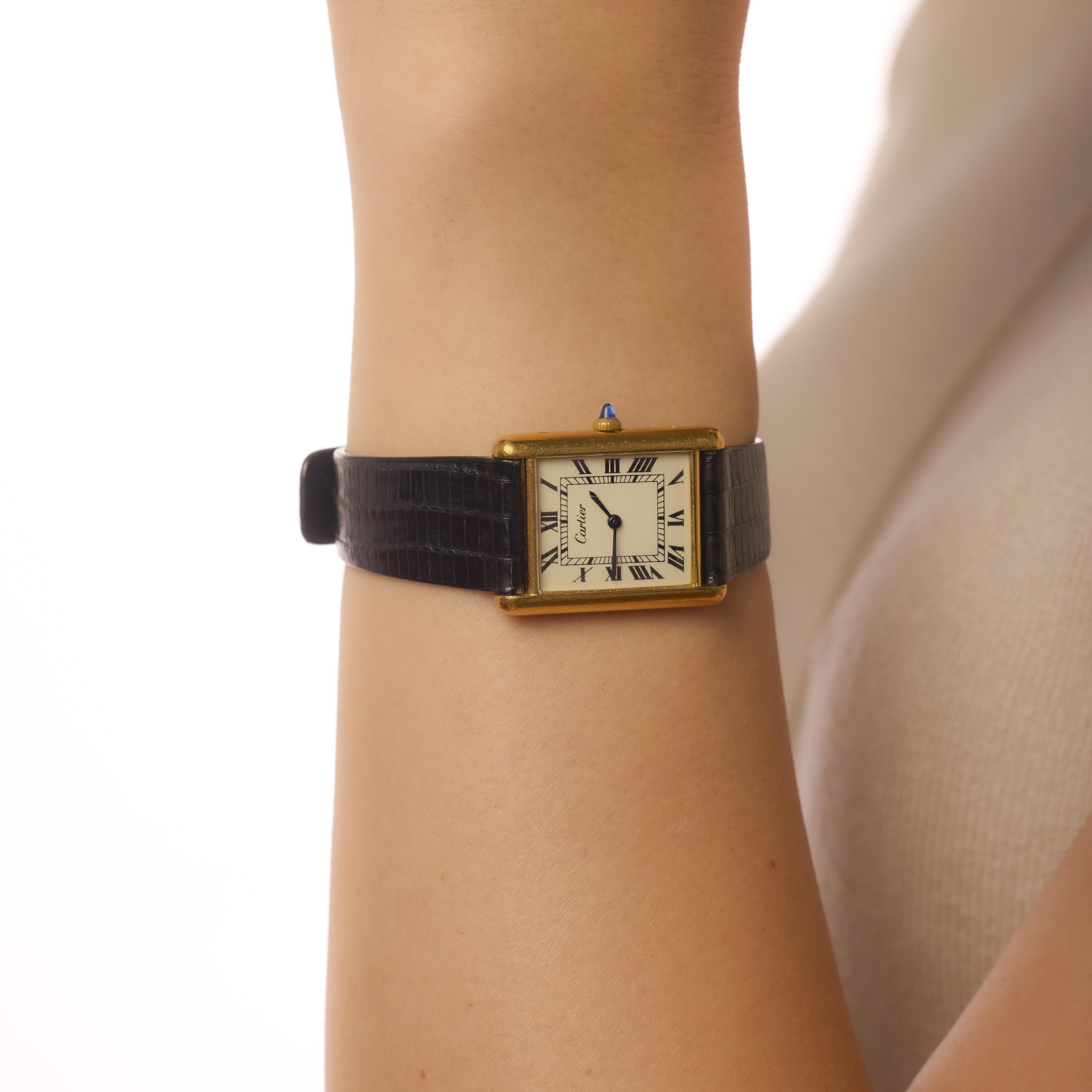 Cartier Paris Roman dial vermeil Tank watch In Good Condition For Sale In Beverly Hills, CA