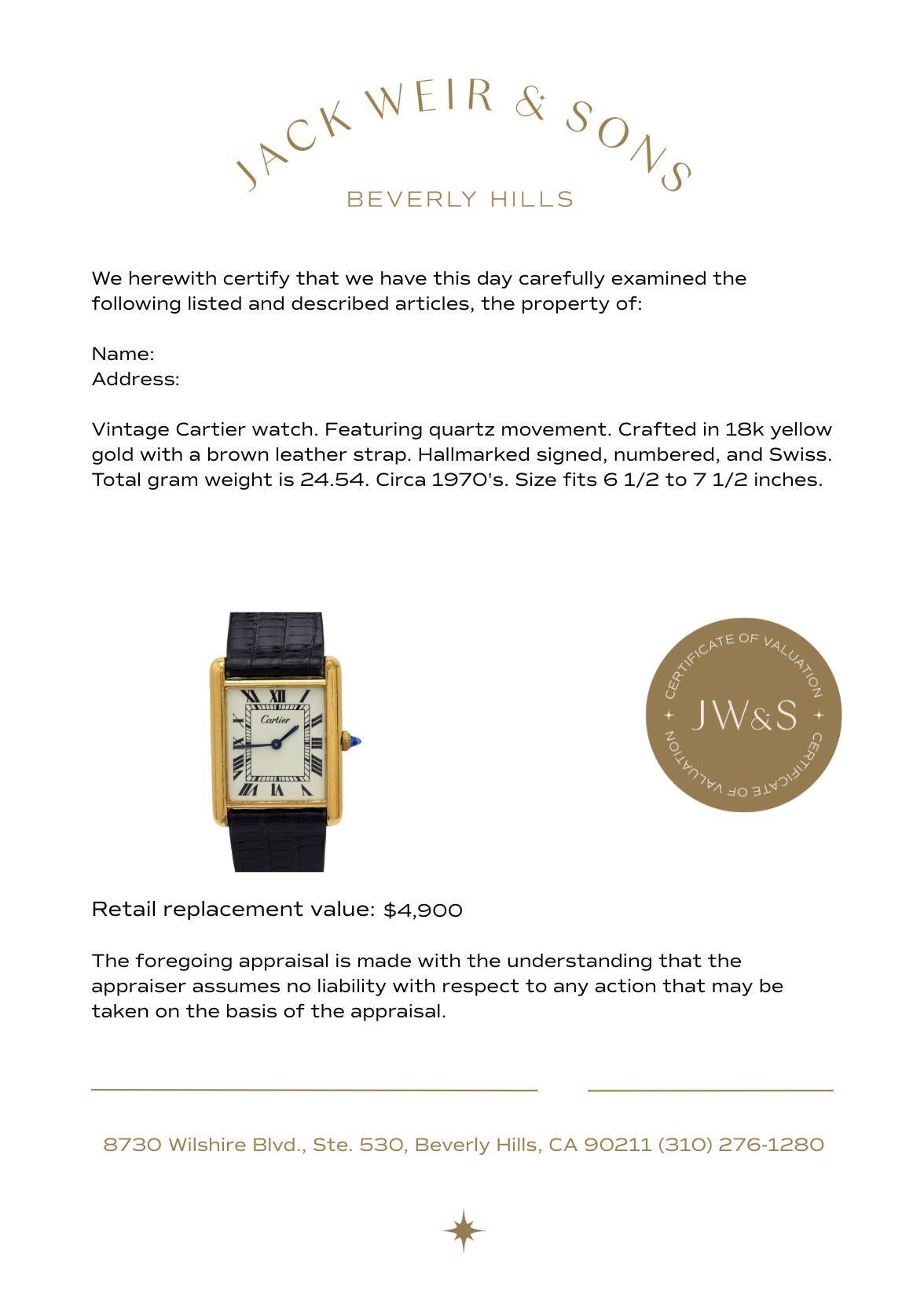 Women's Cartier Paris Roman dial vermeil Tank watch For Sale