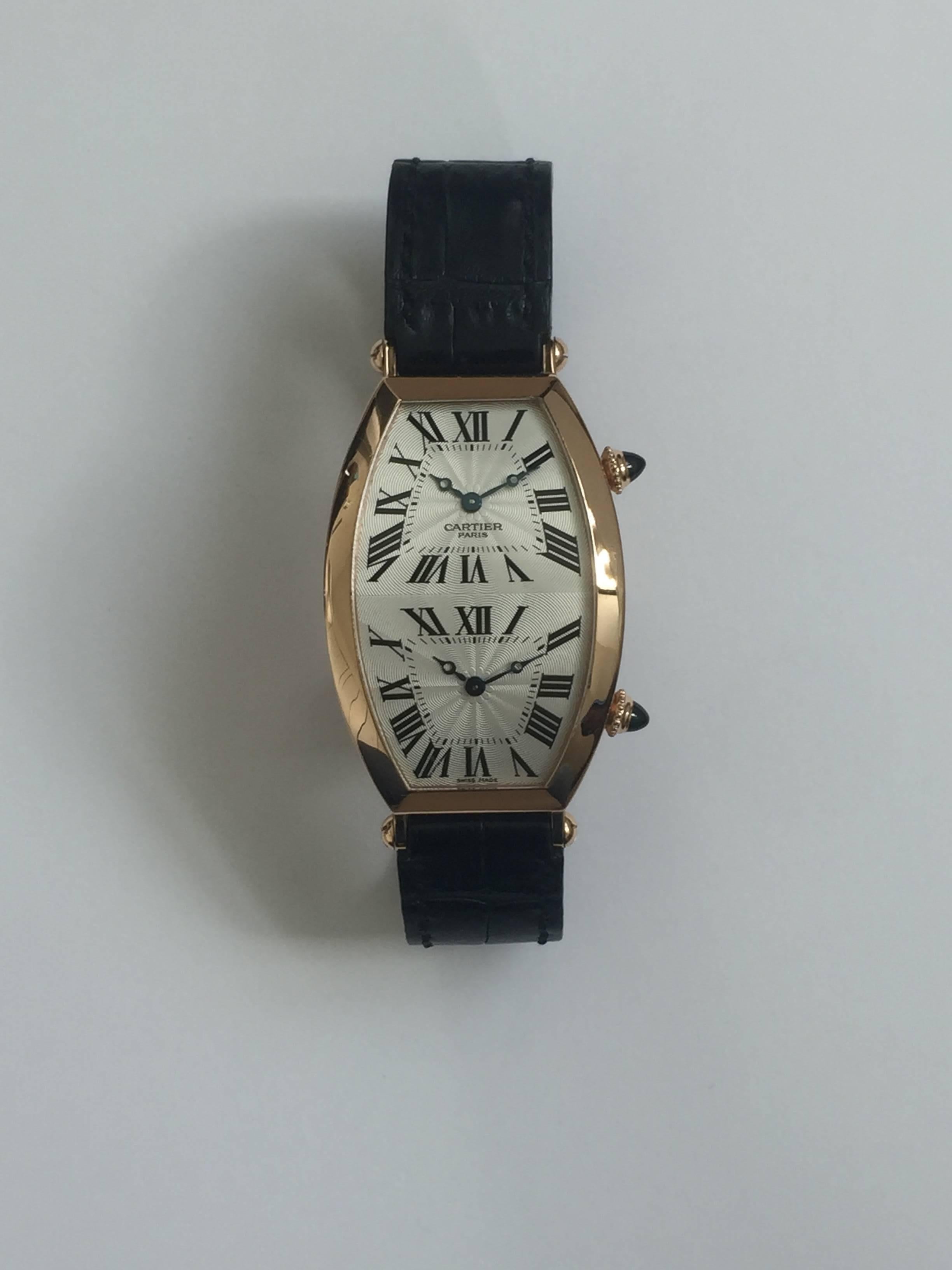 Cartier Paris Rose Gold Tonneau Cintree Dual Time Mechanical Wristwatch In Excellent Condition For Sale In New York, NY