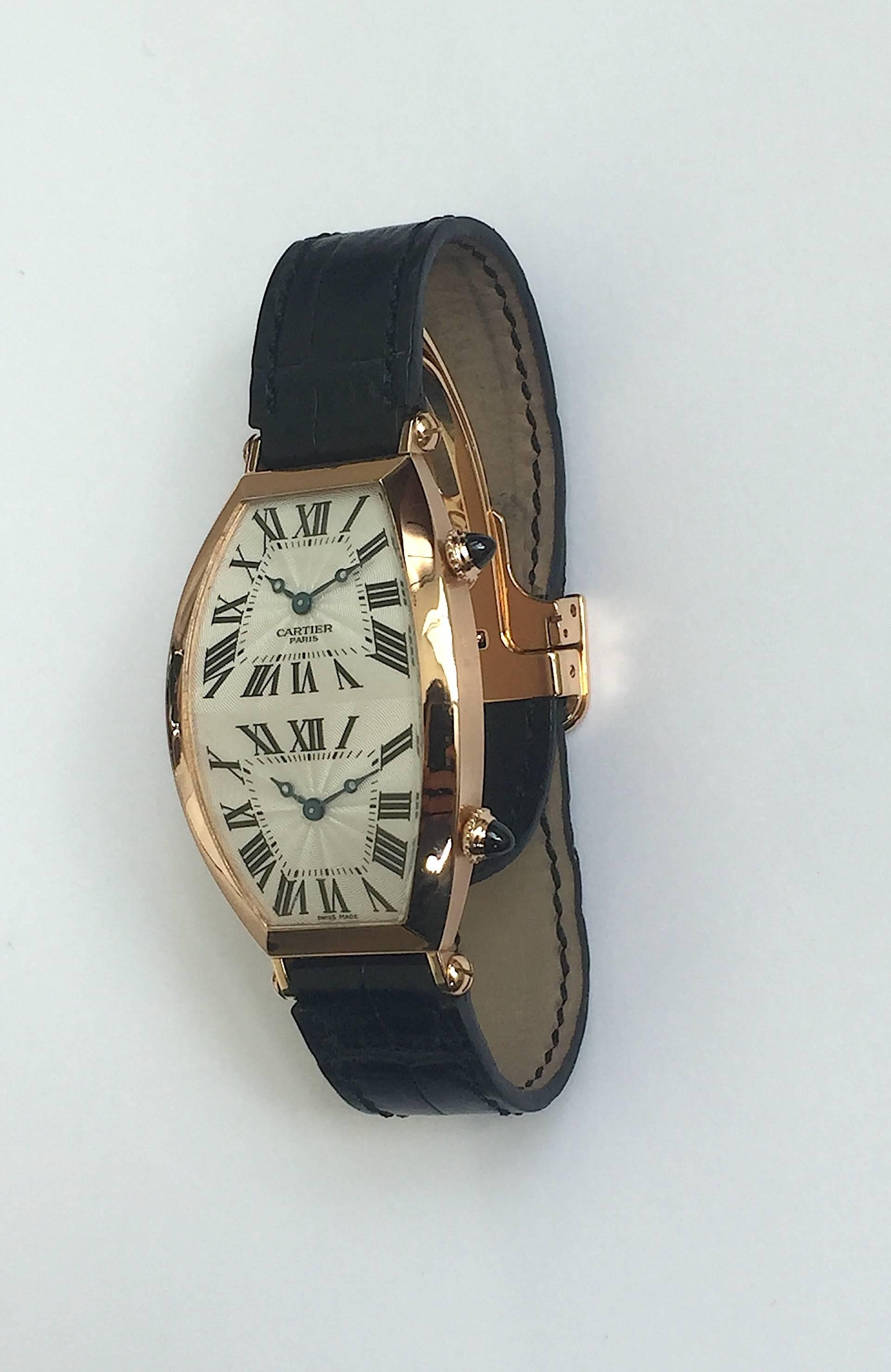 Women's or Men's Cartier Paris Rose Gold Tonneau Cintree Dual Time Mechanical Wristwatch For Sale
