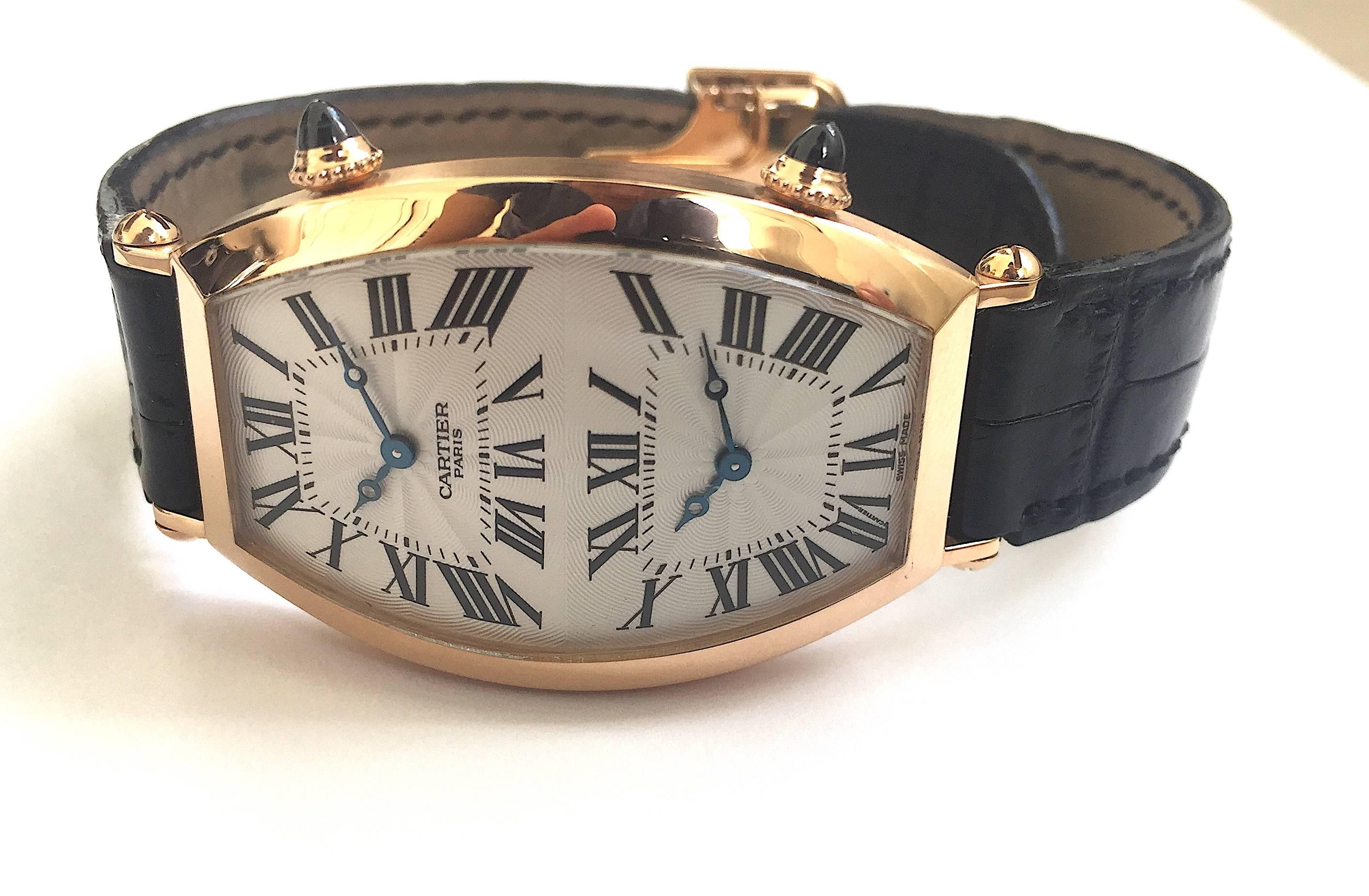 Women's or Men's Cartier Paris Rose Gold Tonneau Cintree Dual Time Mechanical Wristwatch For Sale