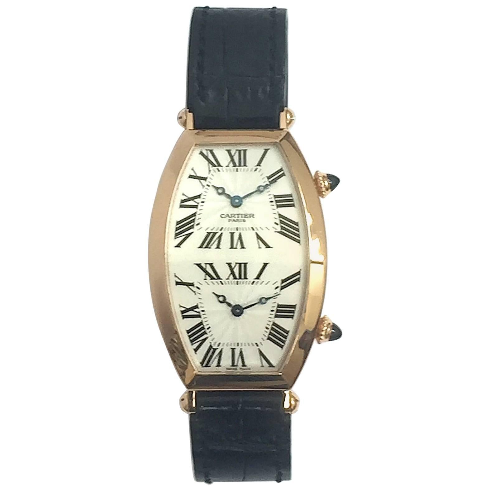 Cartier Paris Rose Gold Tonneau Cintree Dual Time Mechanical Wristwatch For Sale