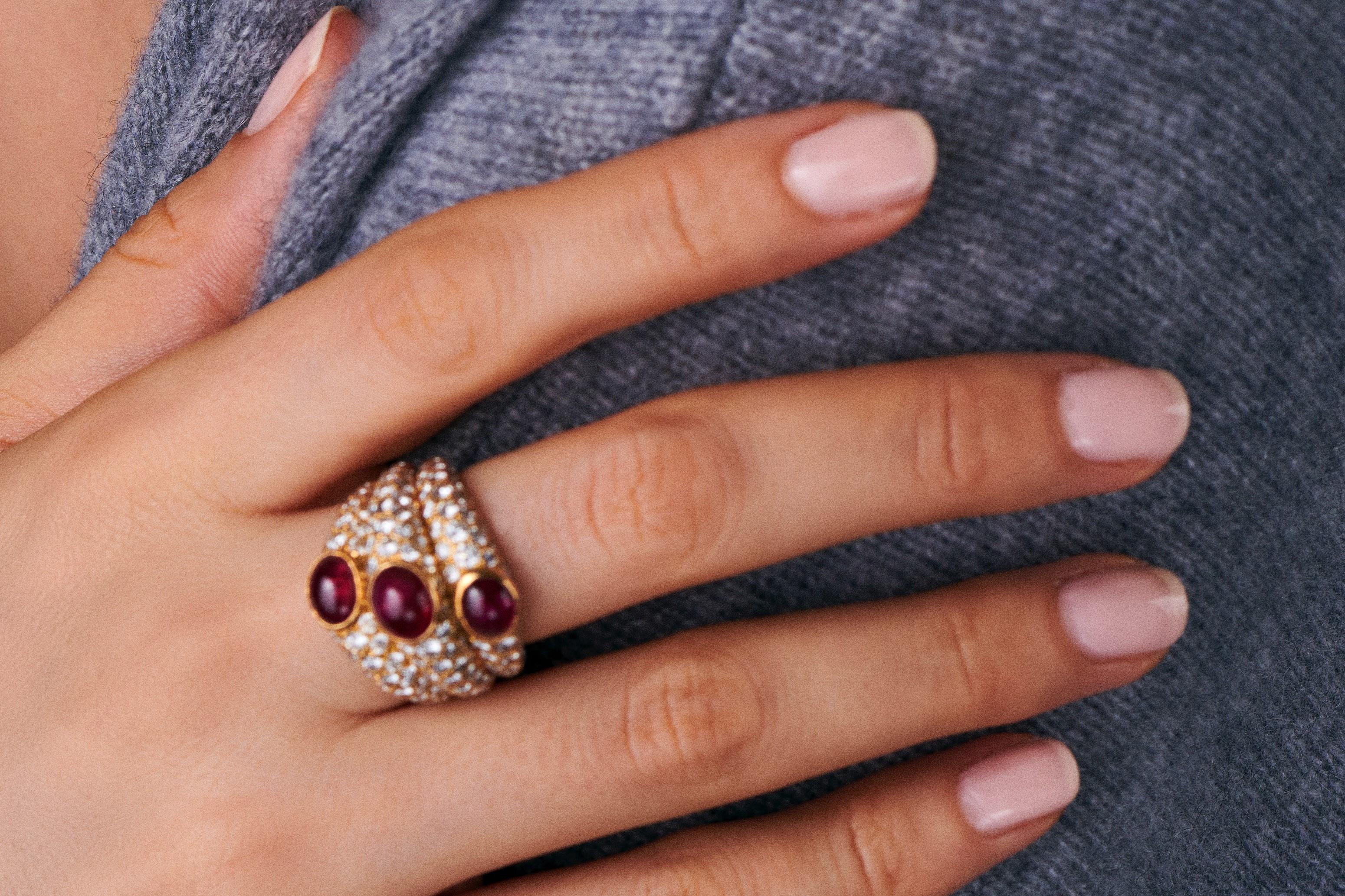 Cartier Ruby and Diamond “Three Band” Ring In Excellent Condition For Sale In New York, NY
