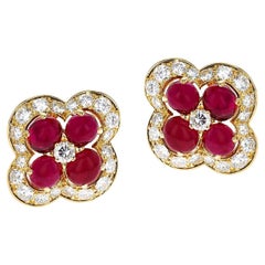 Cartier Paris Ruby Cabochon and Diamond Clover Shape Earrings, French Marks