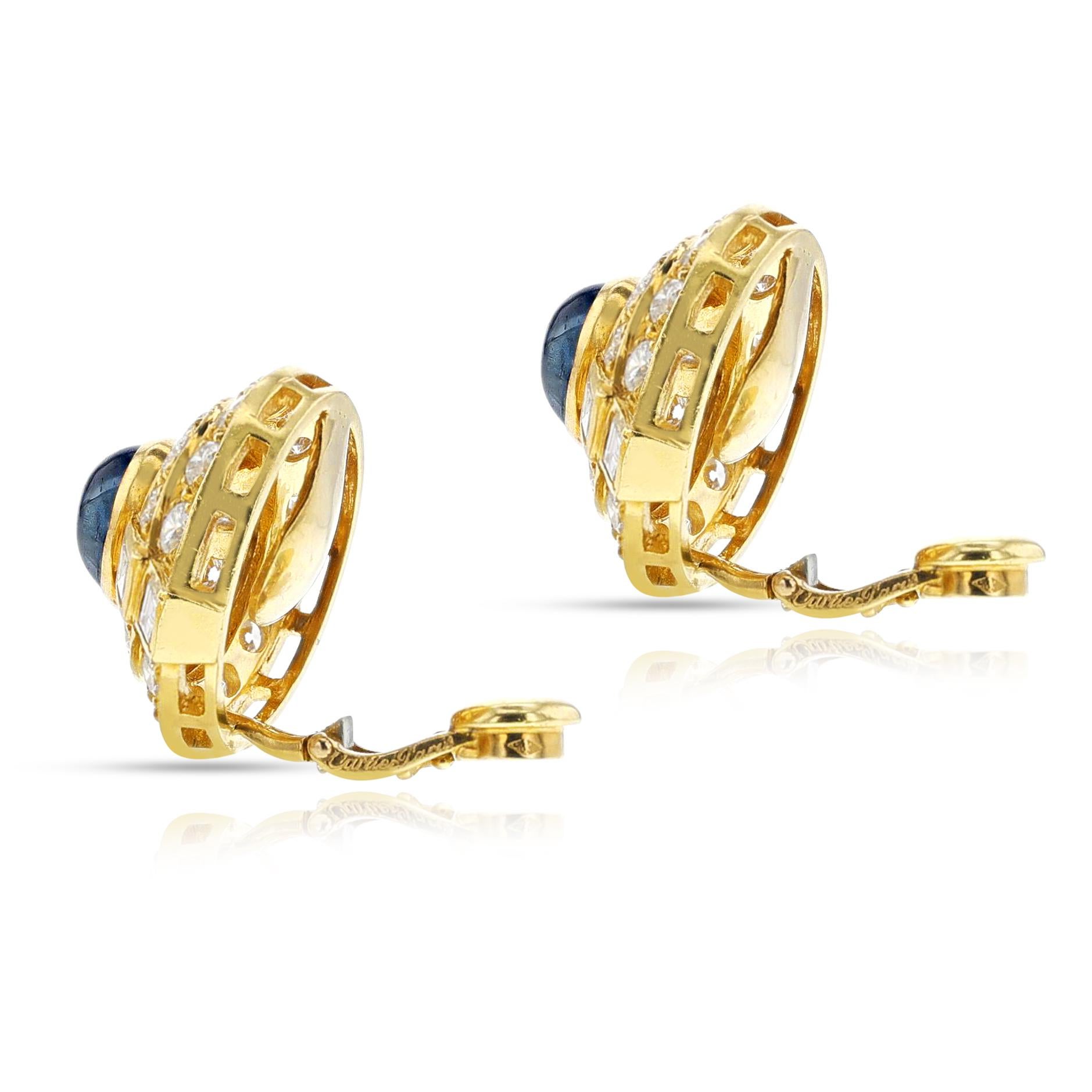 Cartier Paris Sapphire Cabochon and Diamond Earrings, 18k In Excellent Condition For Sale In New York, NY