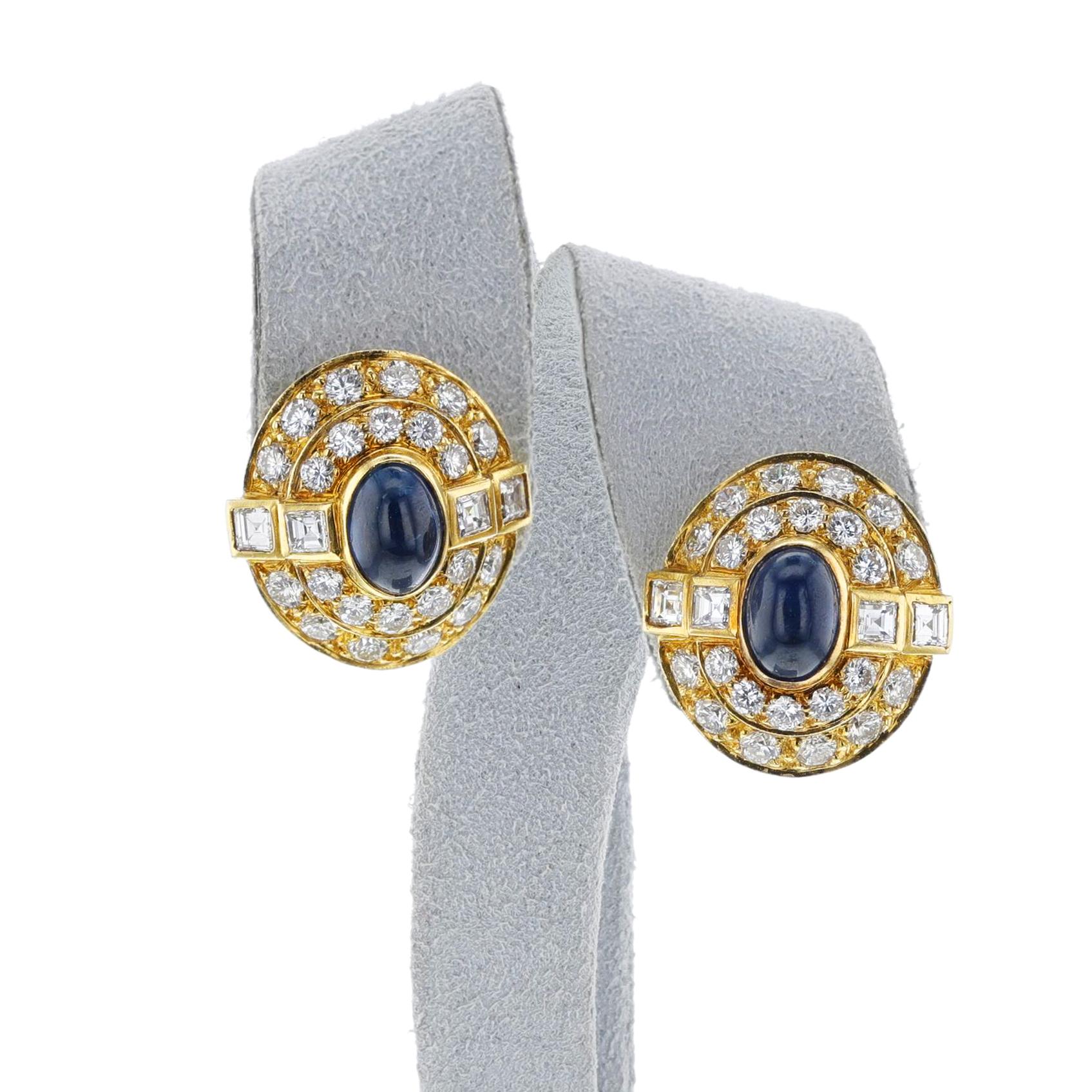 Women's or Men's Cartier Paris Sapphire Cabochon and Diamond Earrings, 18k For Sale