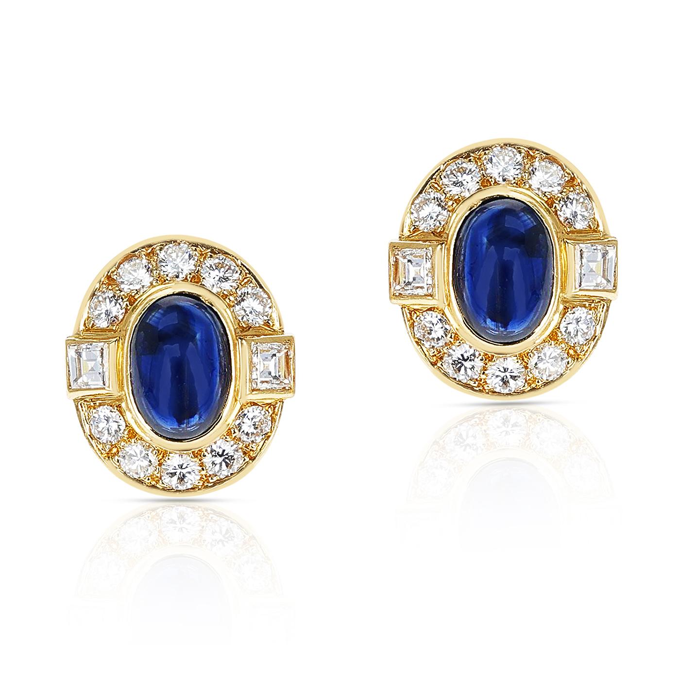Cartier Paris Sapphire Cabochon and Diamond Earrings, 18K Yellow Gold In Excellent Condition For Sale In New York, NY