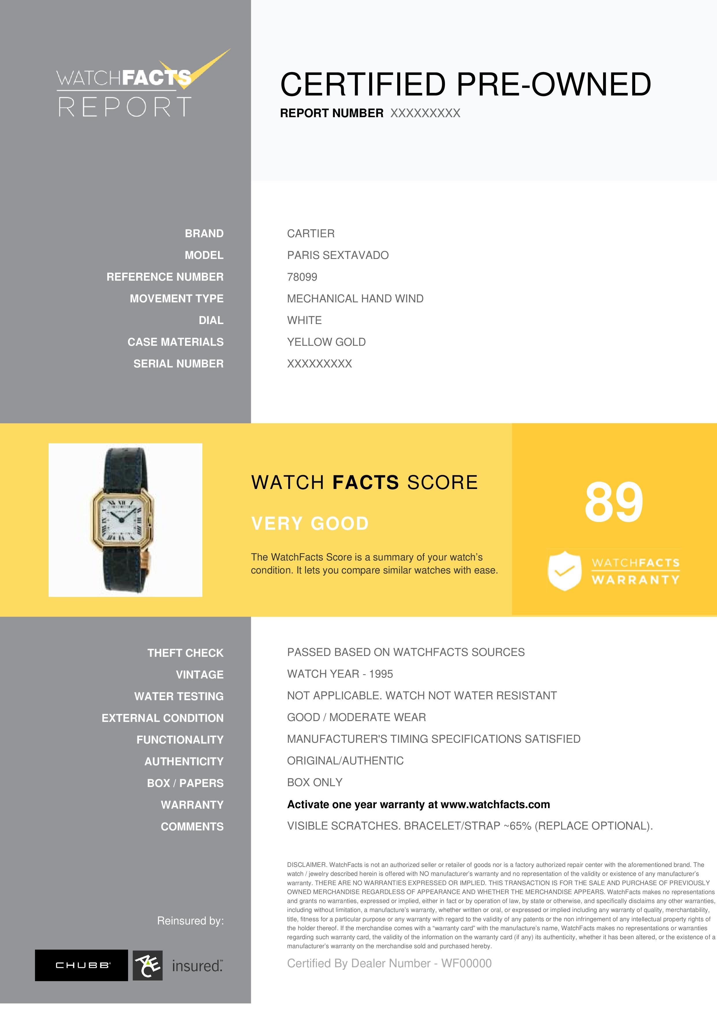 Cartier Paris Sextavado Referenznummer: 78099. Mechanische Handaufzugsuhr für Damen Gelbgold Weiß 27 MM. Geprüft und zertifiziert von WatchFacts. 1 Jahr Garantie durch WatchFacts angeboten.

