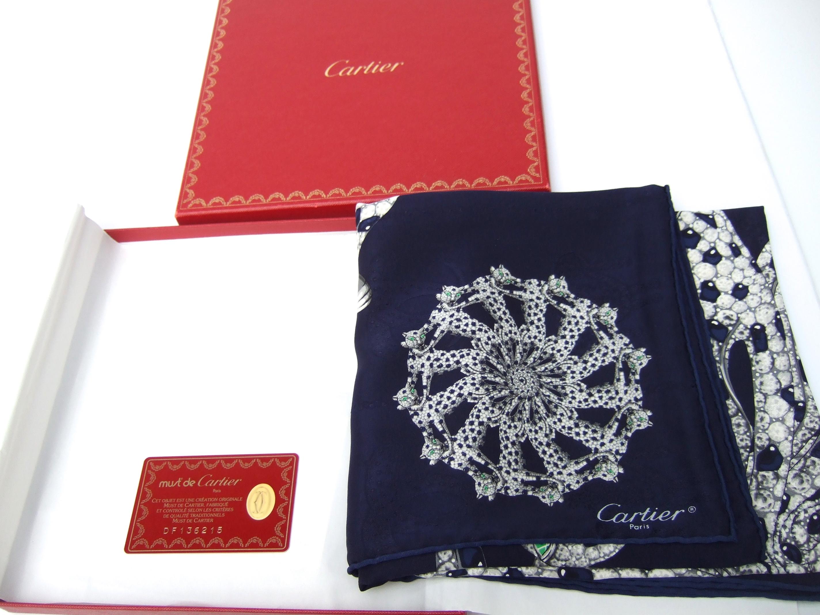 Cartier Paris Silk Panther Hand Rolled Scarf in Cartier Box c 1990s 32 x 34  For Sale 4
