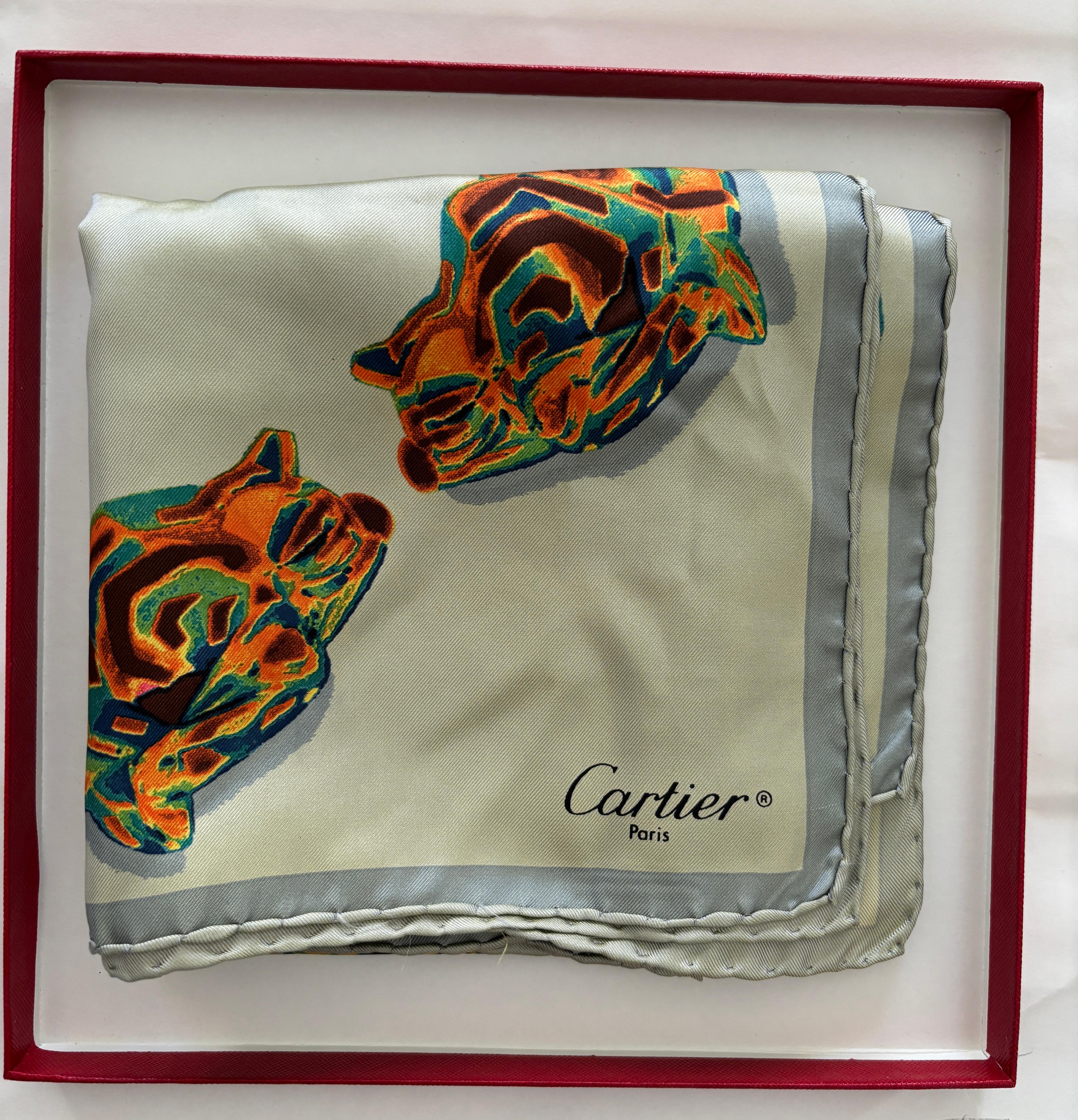 Beige CARTIER Paris Silk Scarf Panther Bracelets Jewellery in Box For Sale
