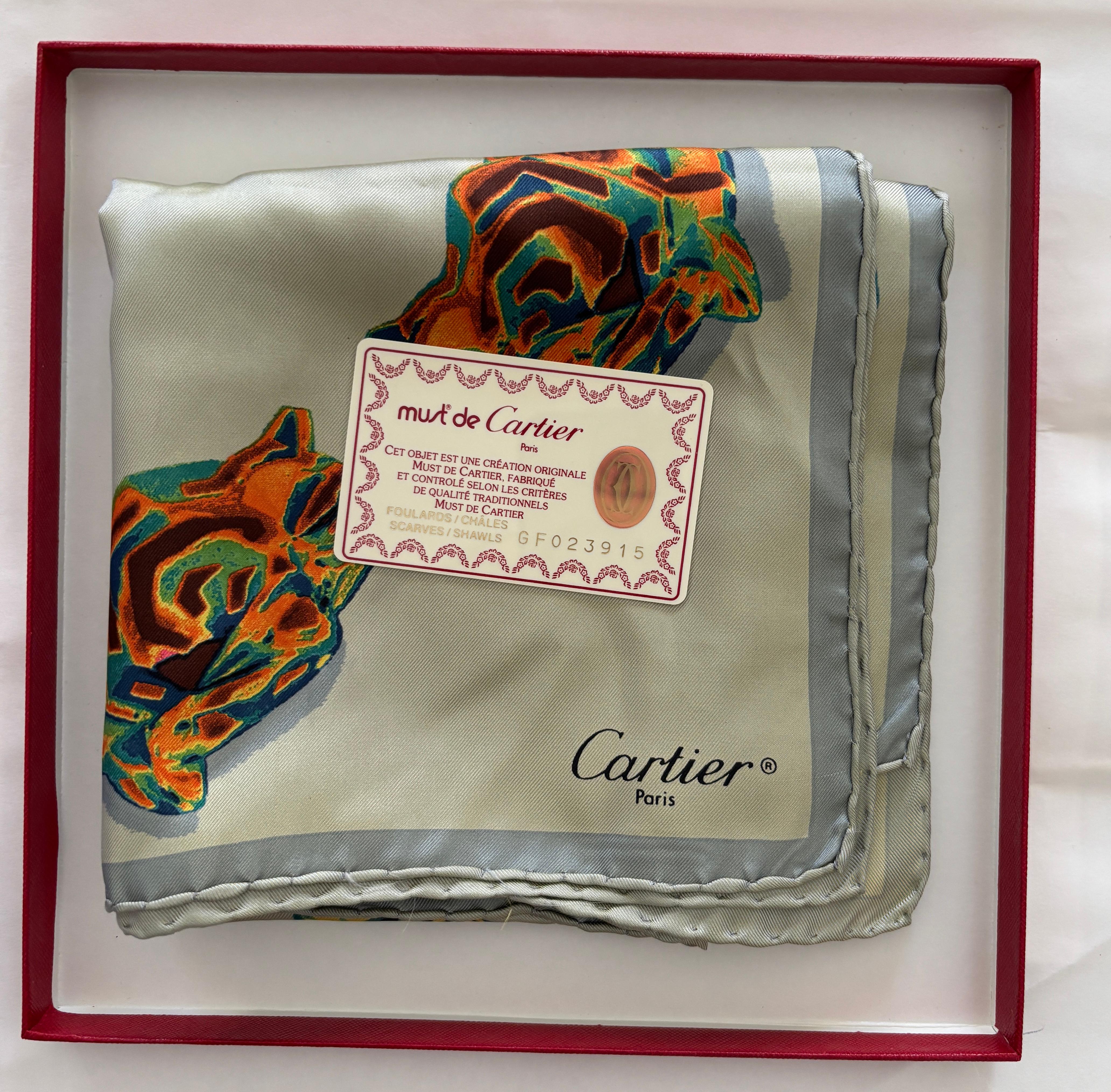 CARTIER Paris Silk Scarf Panther Bracelets Jewellery in Box For Sale 1