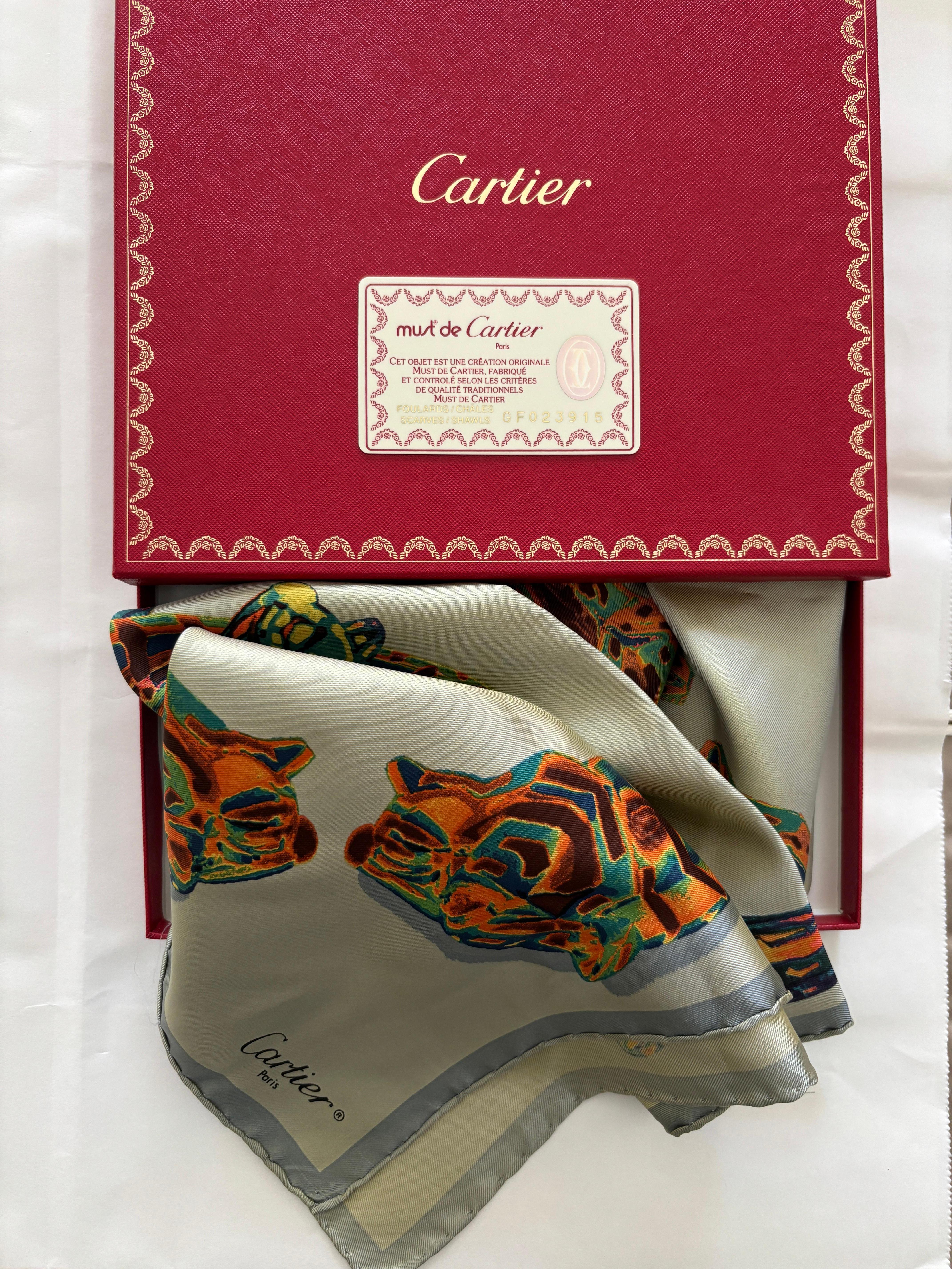CARTIER Paris Silk Scarf Panther Bracelets Jewellery in Box For Sale 2