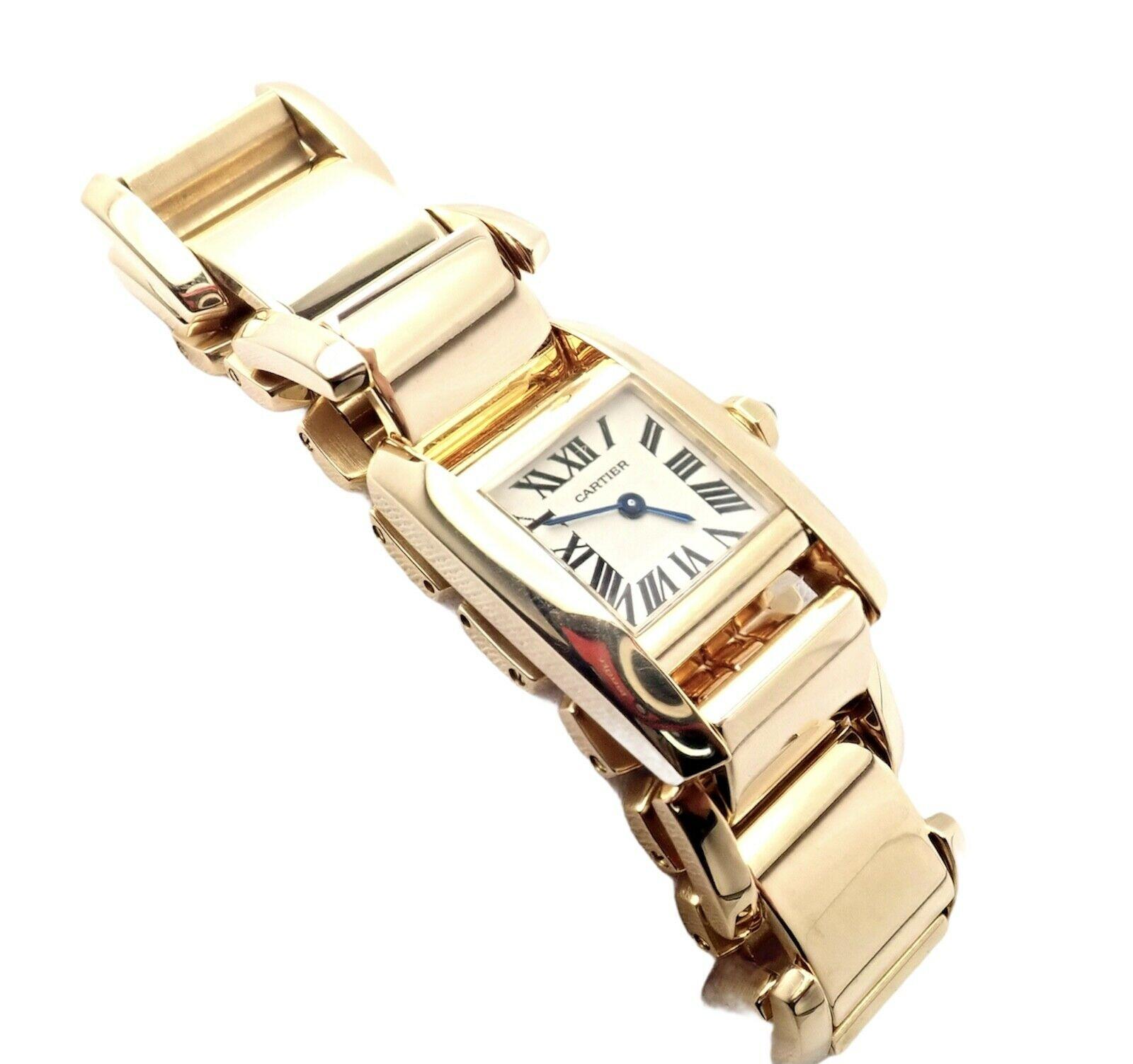 18k Yellow Gold Tankissime Lady's Wristwatch by Cartier with Quartz Movement. 
Works great, fully functional. Includes Original Receipt + Cartier Booklet Certificate + Cartier Watch Box 
Rare Style 2800
Details: 
18k Yellow Gold Band Case with