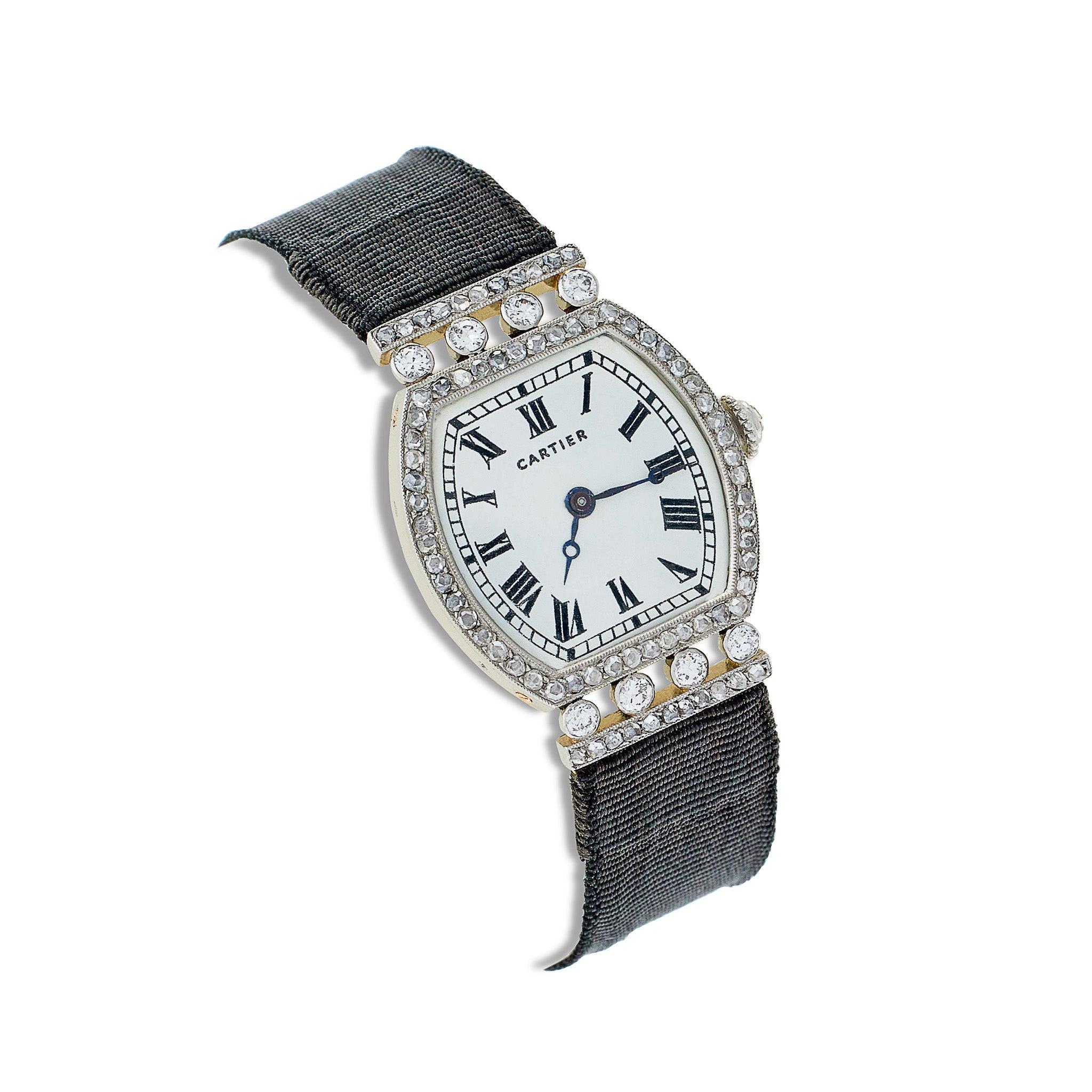 Old European Cut Cartier Paris “Tortue” Diamond and Grosgrain Wristwatch For Sale