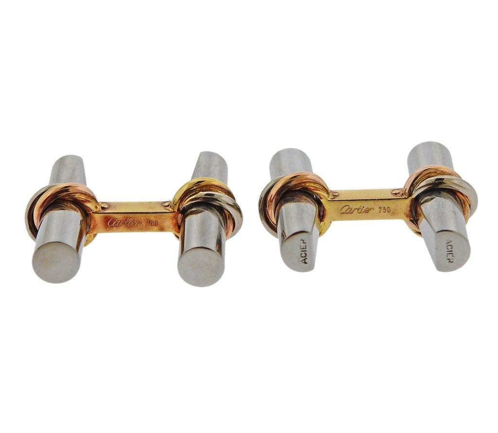 Cartier Paris Trinity Gold Steel Bar Cufflinks In Excellent Condition For Sale In Lambertville, NJ