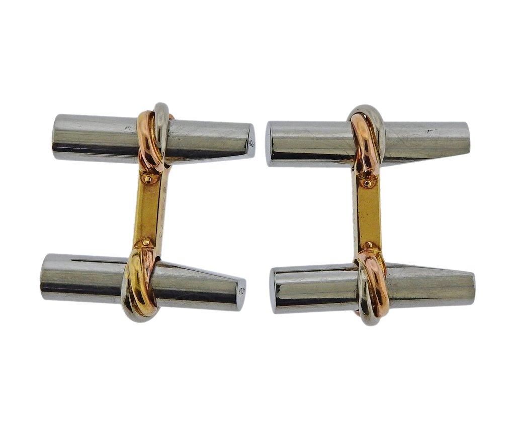 Women's or Men's Cartier Paris Trinity Gold Steel Bar Cufflinks For Sale