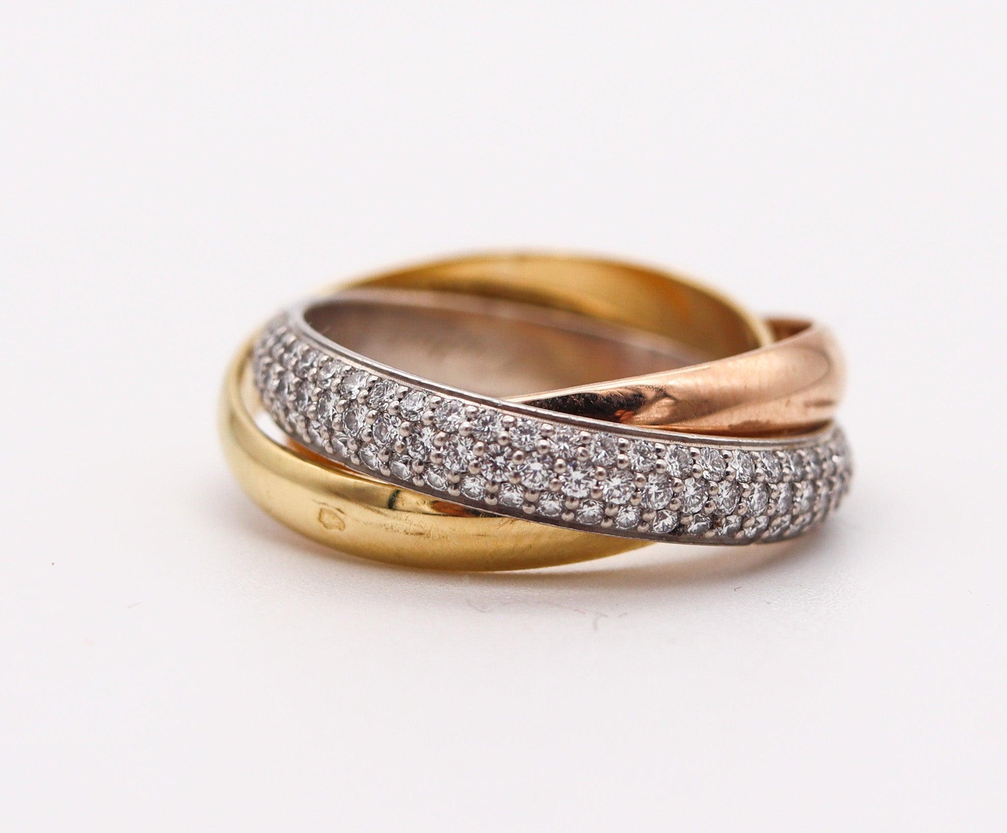 Brilliant Cut CARTIER Paris Trinity Rollers Bands Ring 18Kt Gold With 1.10 Ctw Of VVS Diamonds For Sale