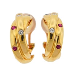 Cartier Paris Trinity Ruby Sapphire Diamond Gold Hoop Earrings