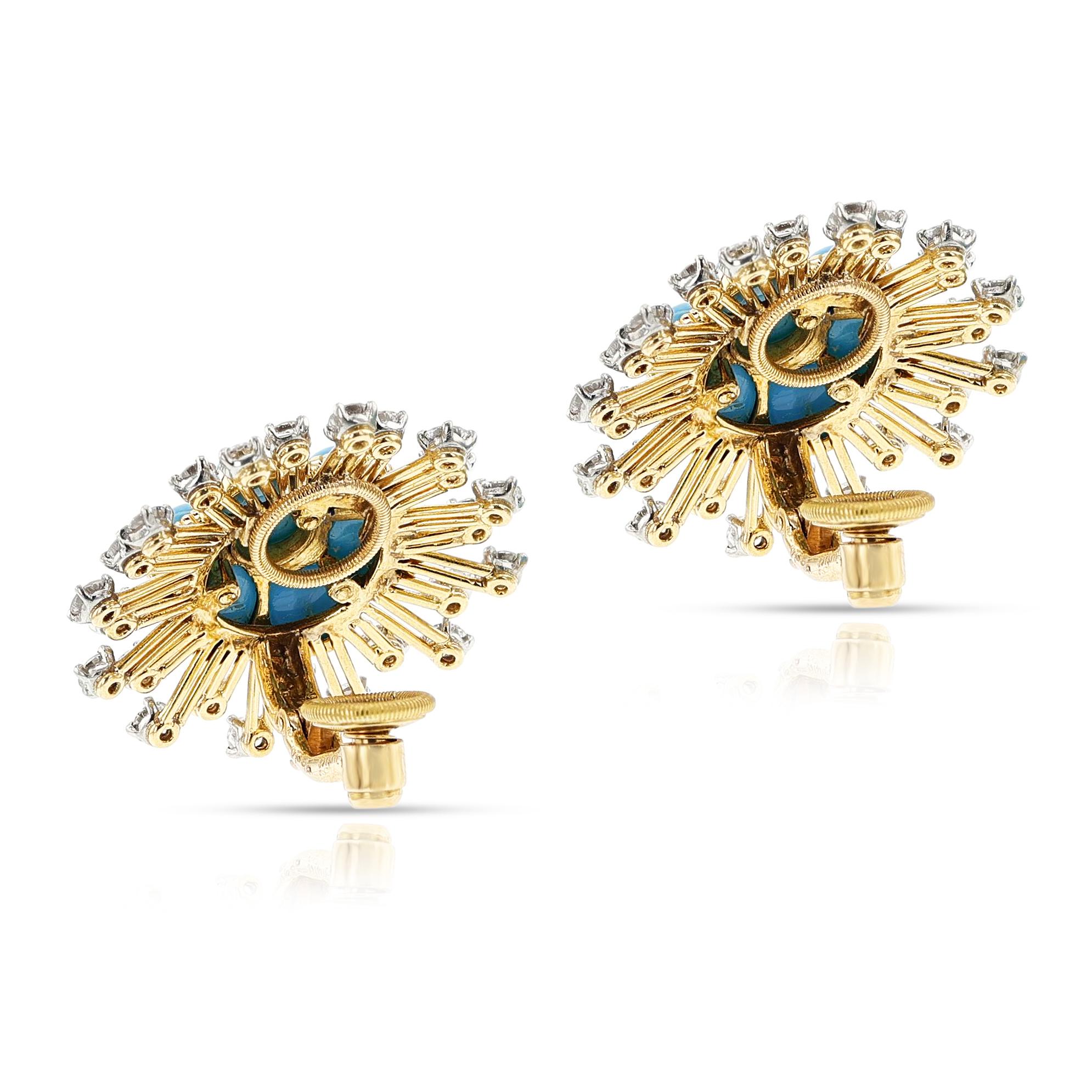 Cartier Paris Turquoise Cabochon Floral Earrings, 18k and Platinum In Excellent Condition For Sale In New York, NY