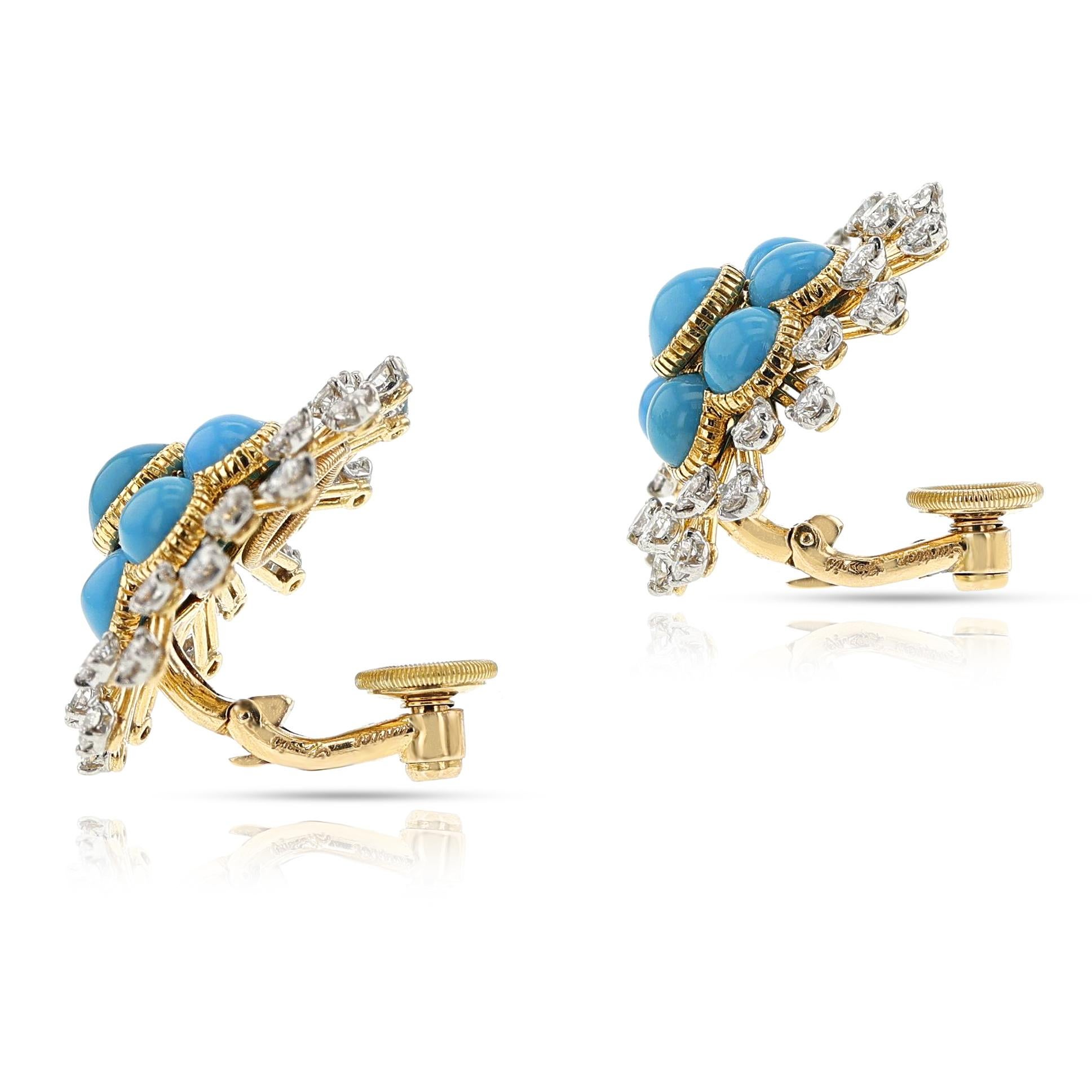 Women's or Men's Cartier Paris Turquoise Cabochon Floral Earrings, 18k and Platinum For Sale