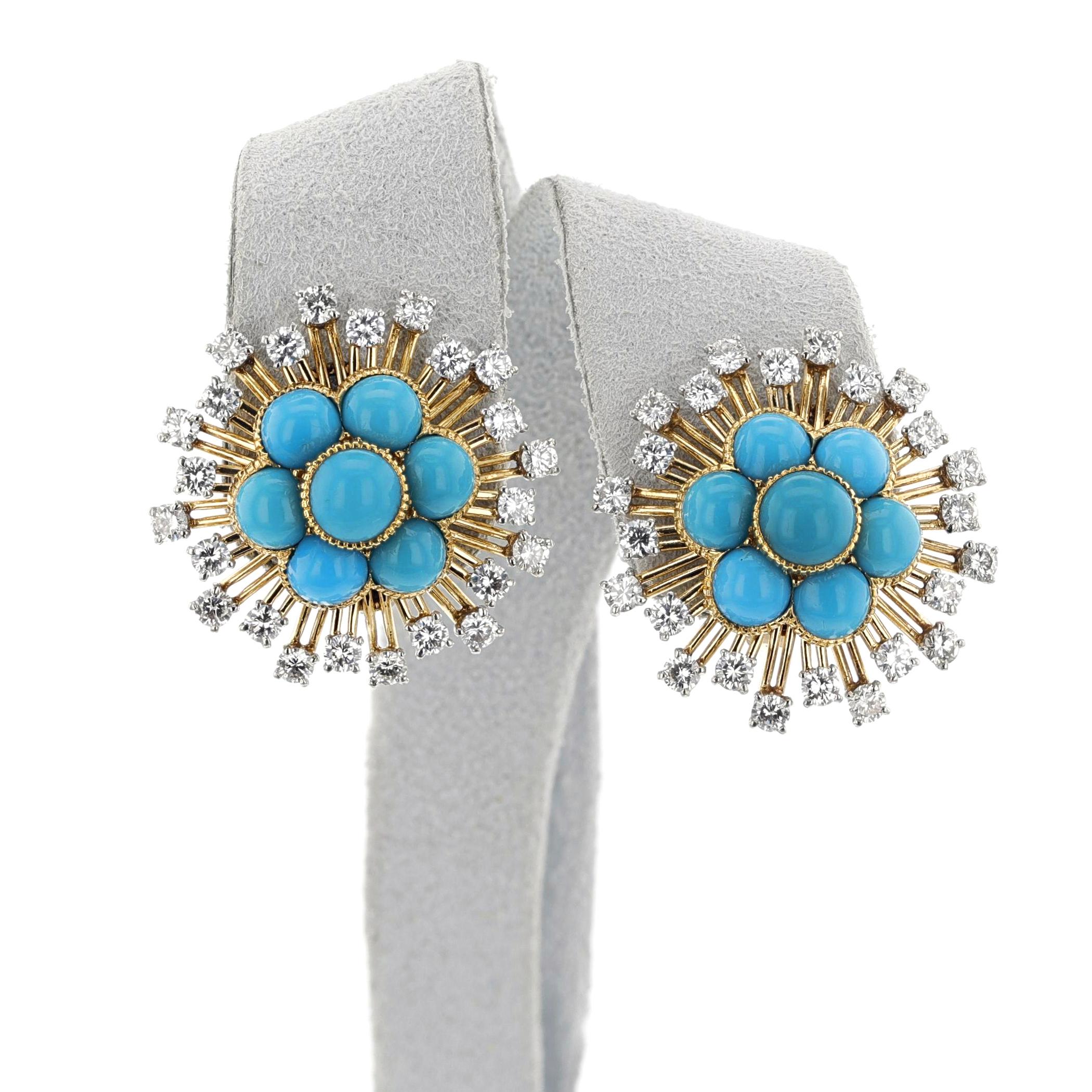 Cartier Paris Turquoise Cabochon Floral Earrings, 18k and Platinum For Sale 1