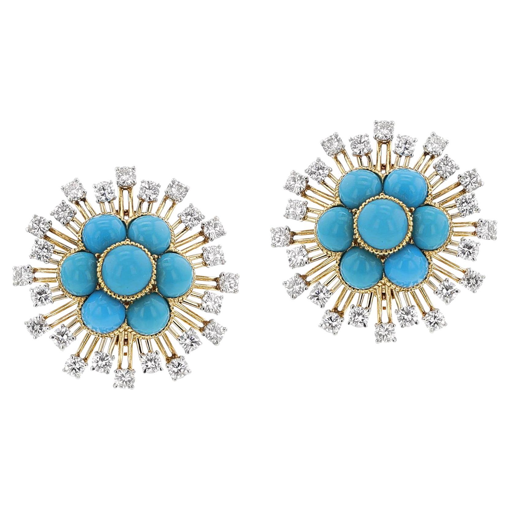 Cartier Paris Turquoise Cabochon Floral Earrings, 18k and Platinum