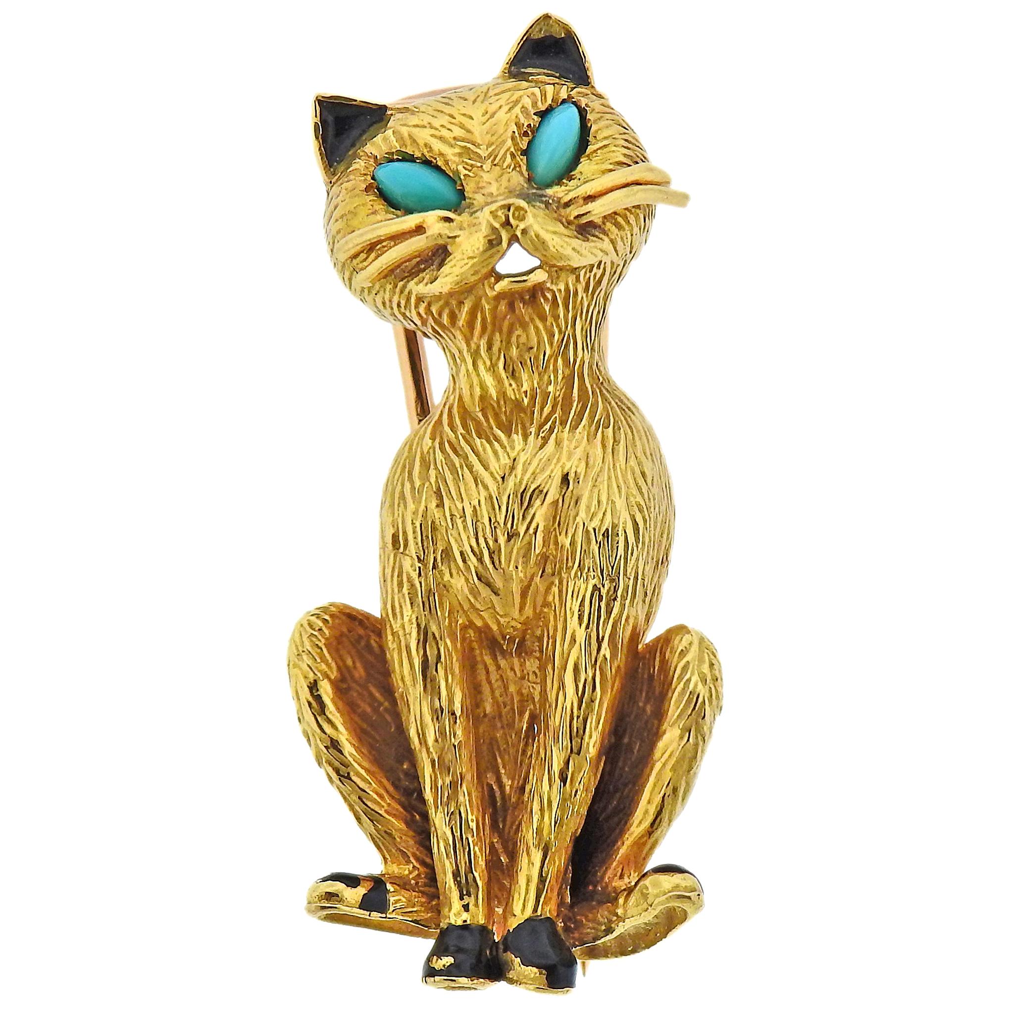 Cartier Paris Turquoise Enamel Gold Cat Brooch Pin