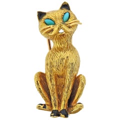 Vintage Cartier Paris Turquoise Enamel Gold Cat Brooch Pin