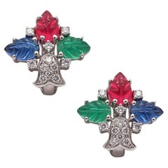 CARTIER Paris Tutti Frutti Earrings 18Kt White Gold With Carved Gems & Diamonds