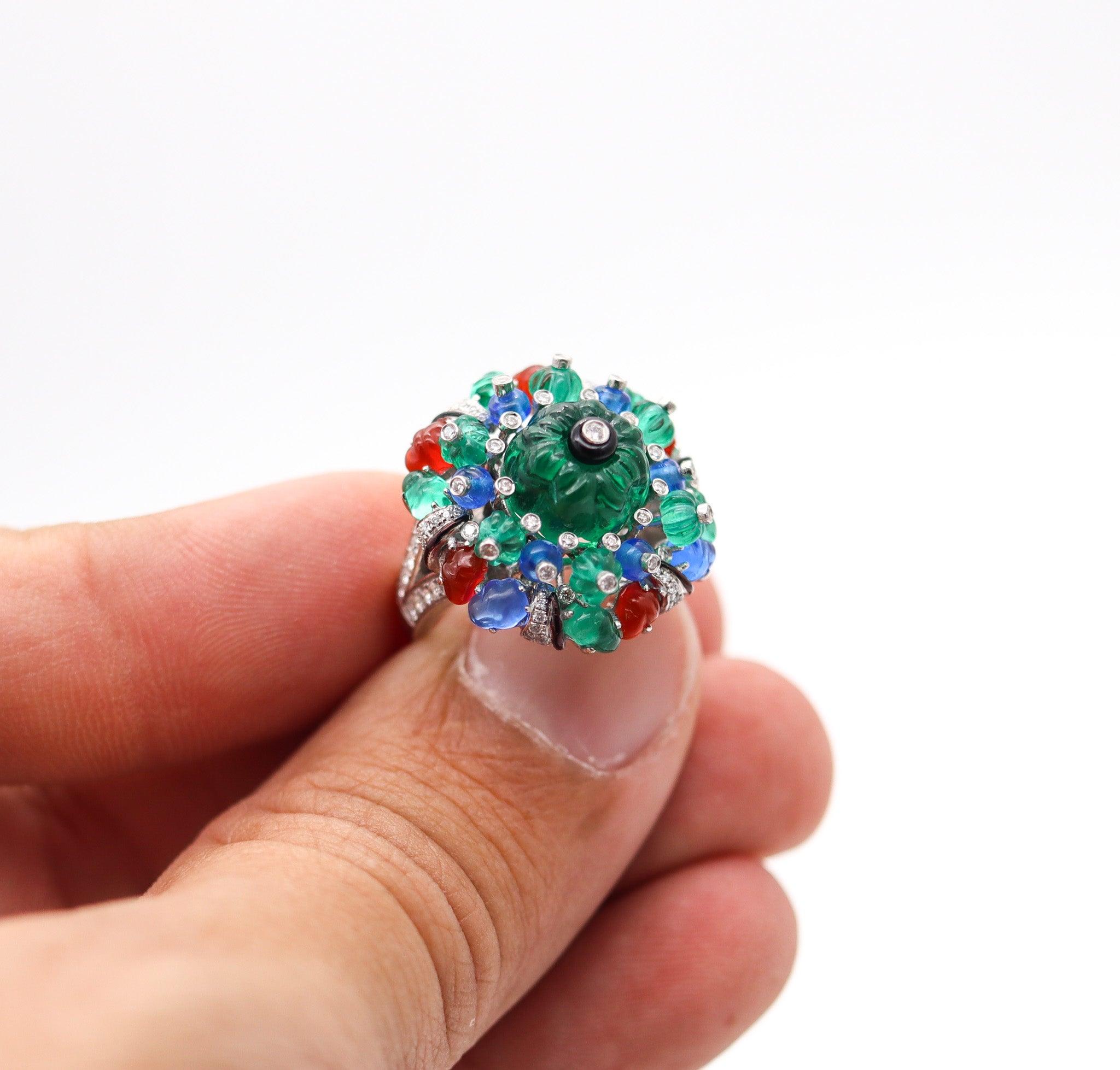CARTIER Paris Tutti Frutti St Petersburg Ring In Platinum With Carved Gems & For Sale 4