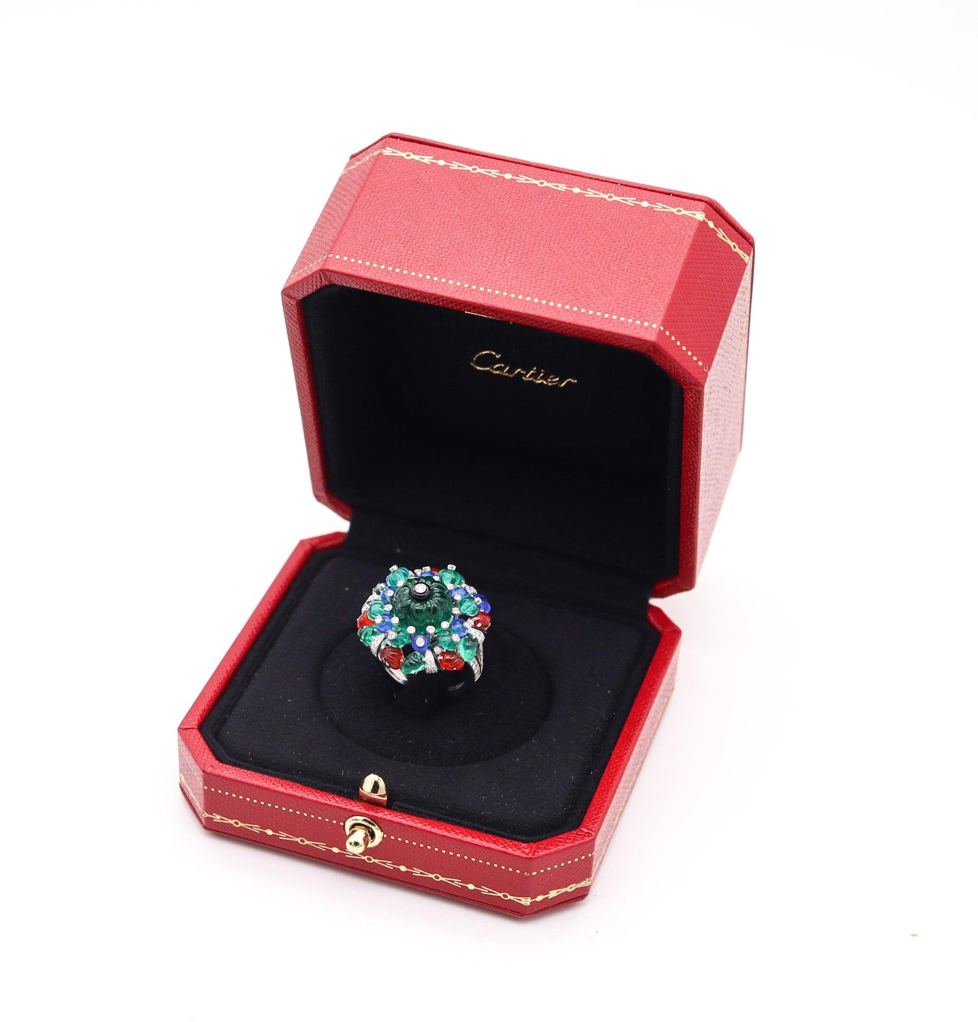 Art Deco CARTIER Paris Tutti Frutti St Petersburg Ring In Platinum With Carved Gems & For Sale