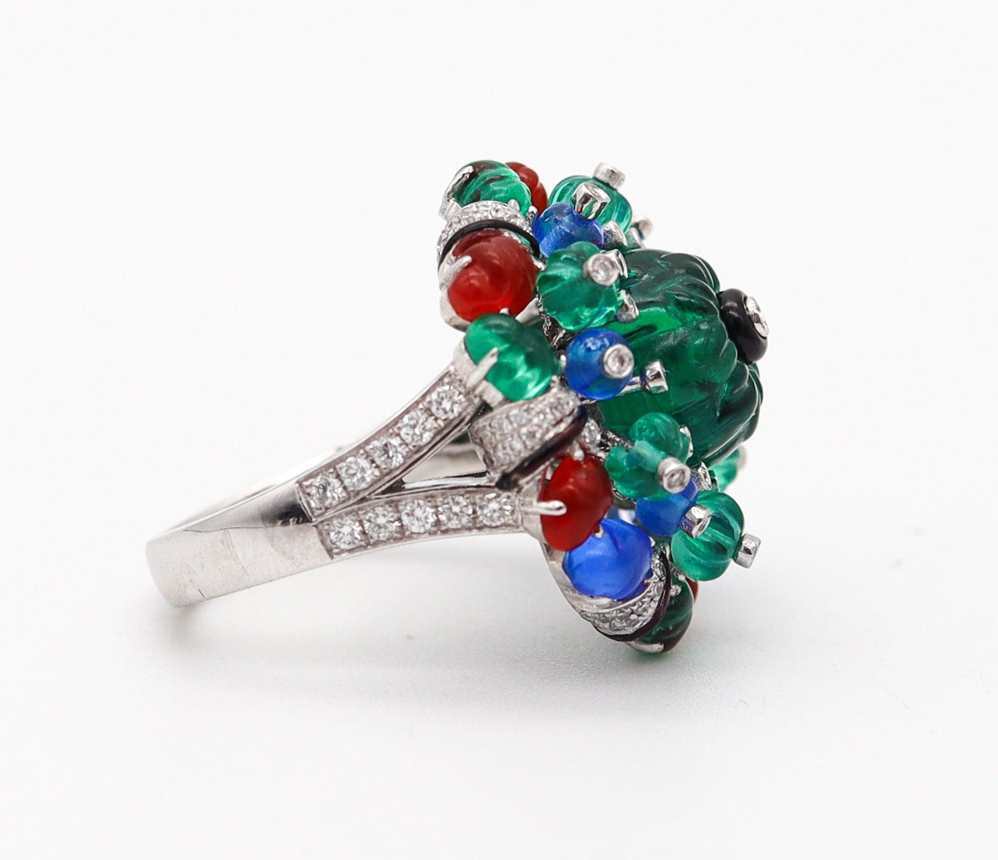 CARTIER Paris Tutti Frutti St Petersburg Ring In Platinum With Carved Gems & In Excellent Condition For Sale In Miami, FL