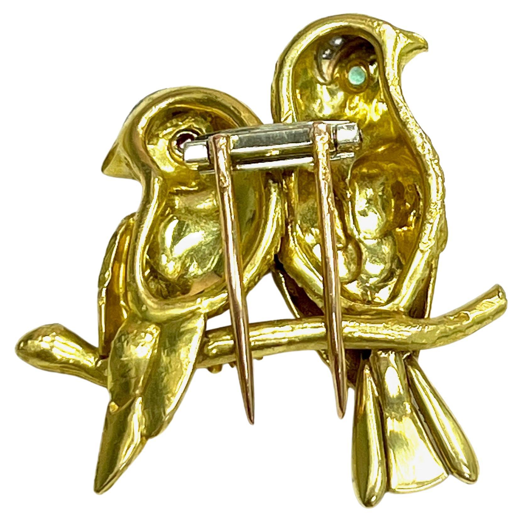 Round Cut Cartier Paris Two Birds Yellow Gold Brooch For Sale